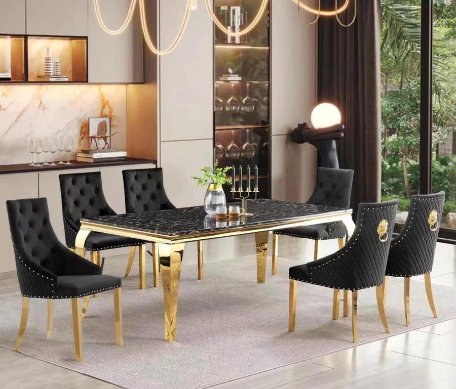 Modern Dining Room Set D1006 D1006-T-7PC in Gold, Black Fabric