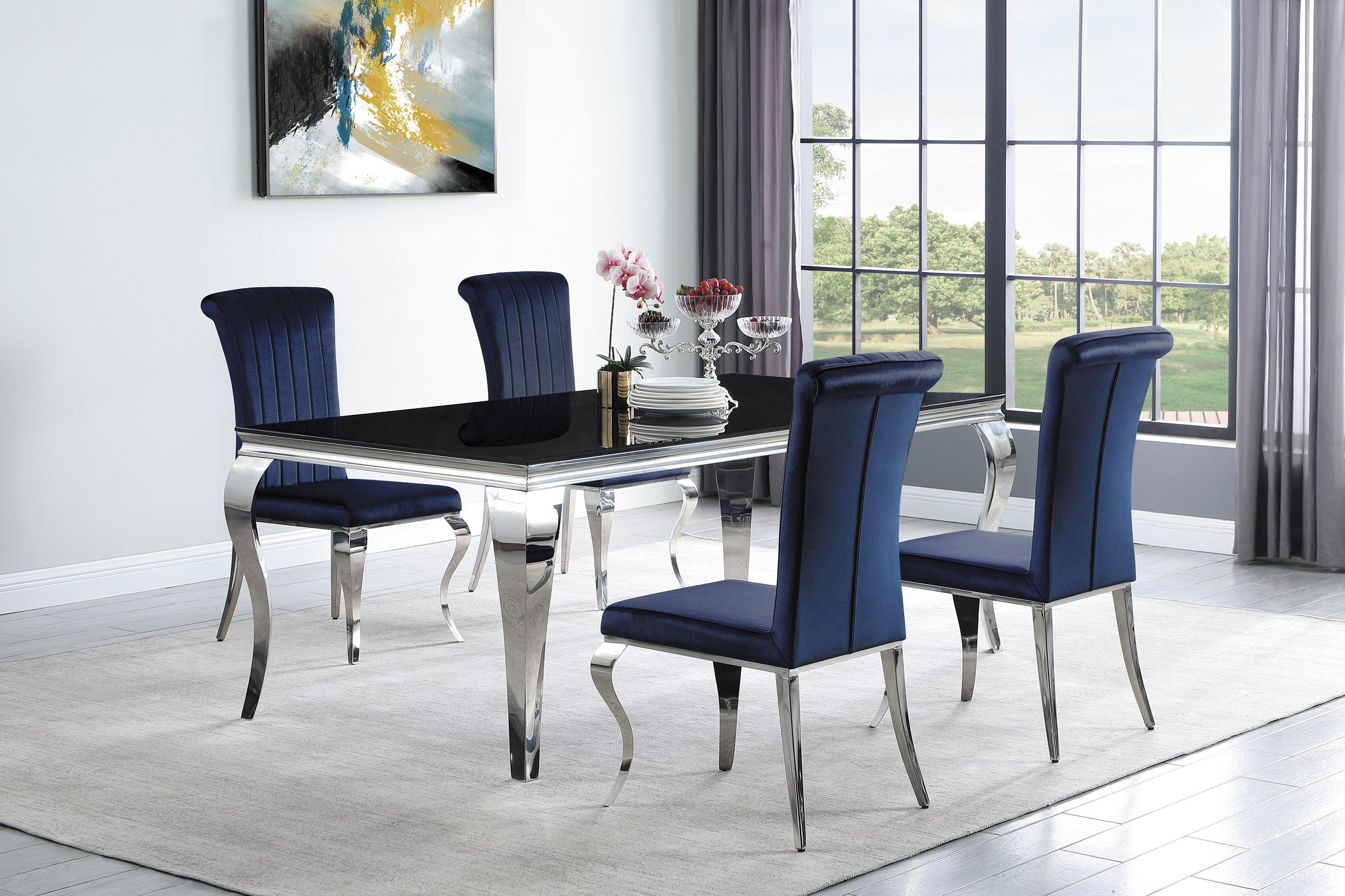 

    
Modern Black & Ink Blue Stainless Steel Dining Room Set 5pcs Coaster 115071-S5 Carone
