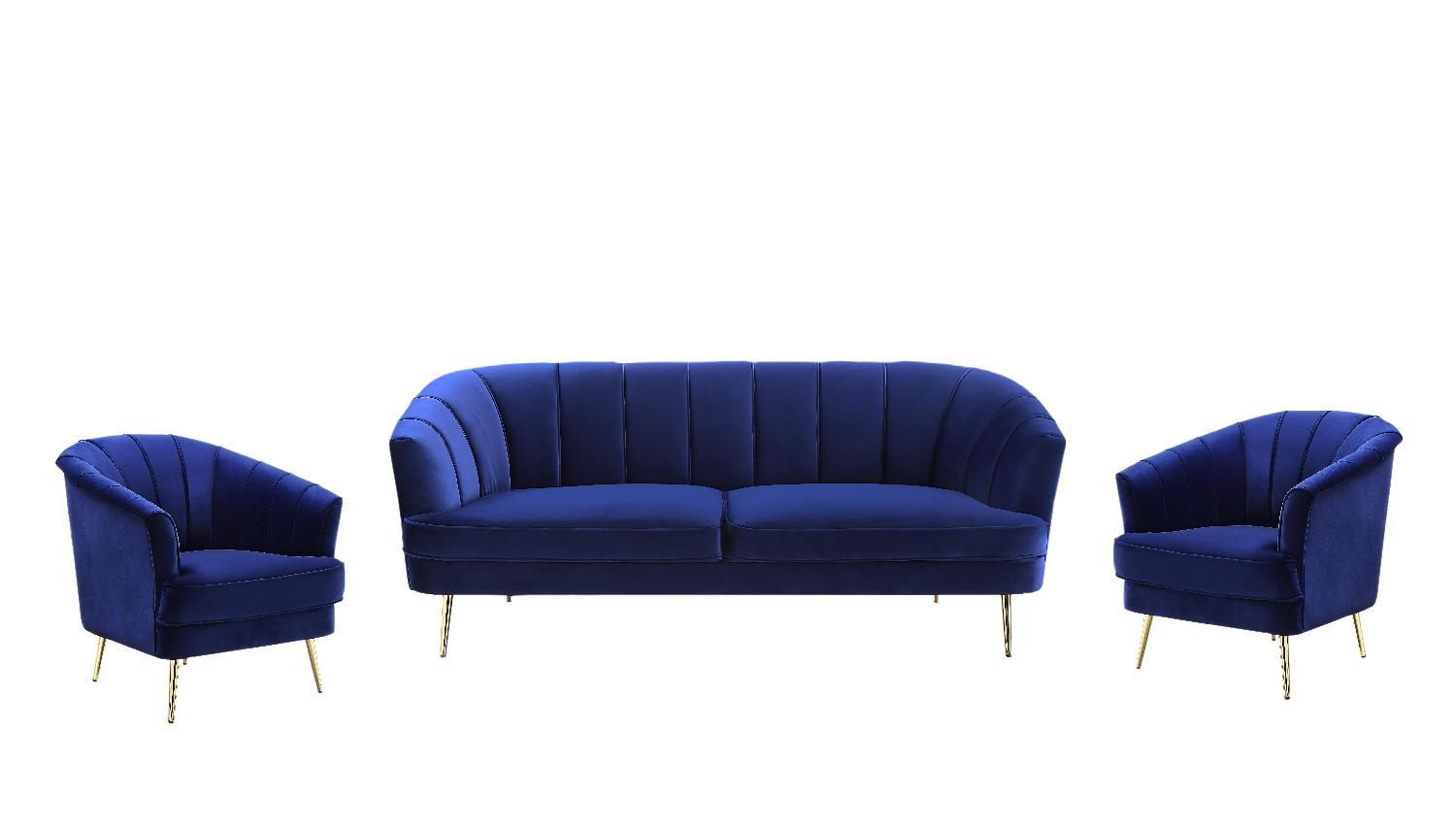 Modern Sofa and 2 Chairs Eivor LV00210-2pcs in Blue Velvet