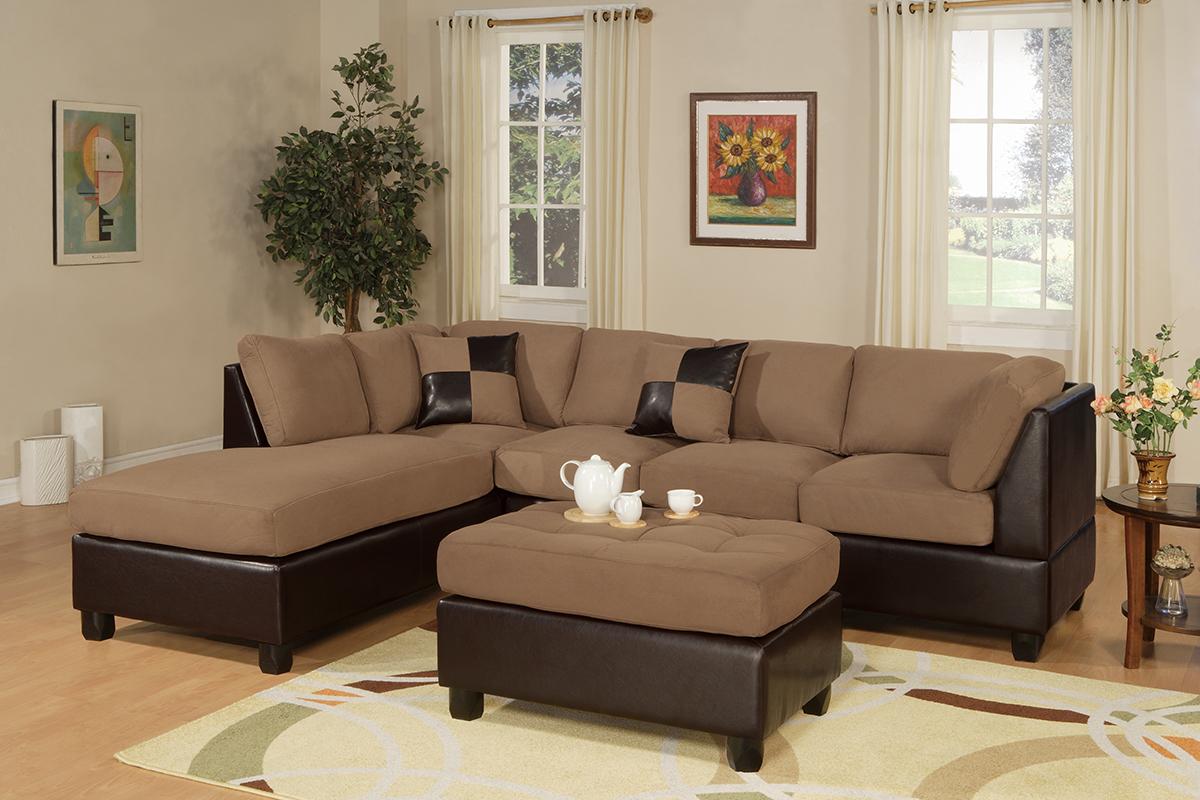 

    
Beige Fabric Brown Faux Leather Sectional w/ Ottoman F7616 Poundex
