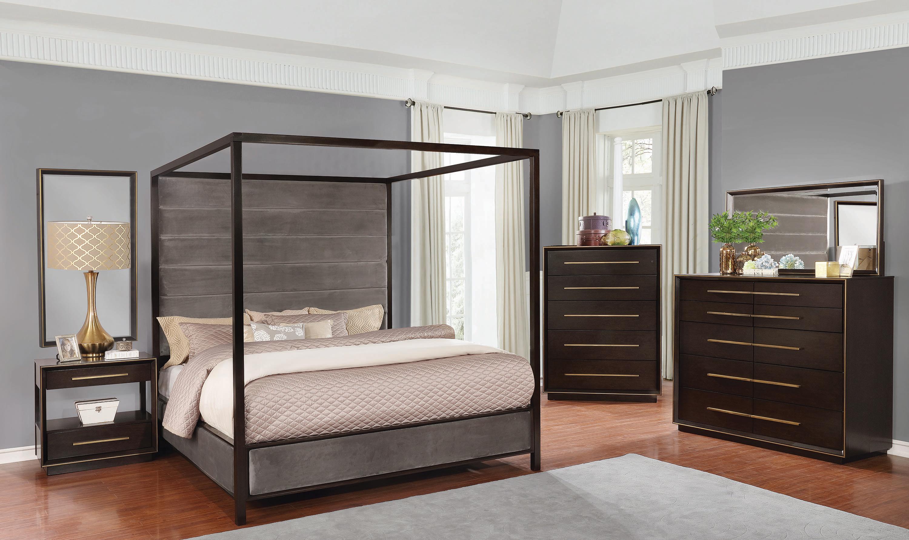 Modern Canopy Bed Luddington 215710KW in Brown Fabric