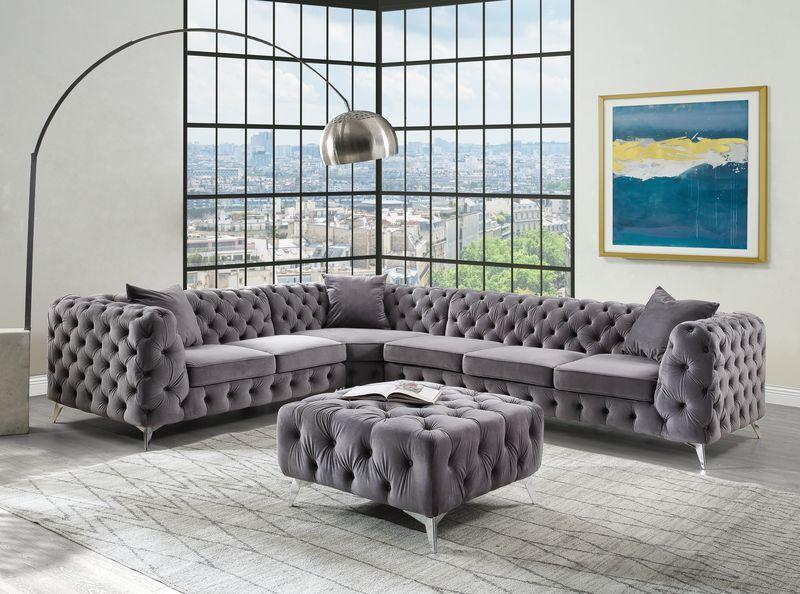 Modern, Classic Sectional Sofa and Ottoman Wugtyx LV00335-4pcs in Gray Velvet