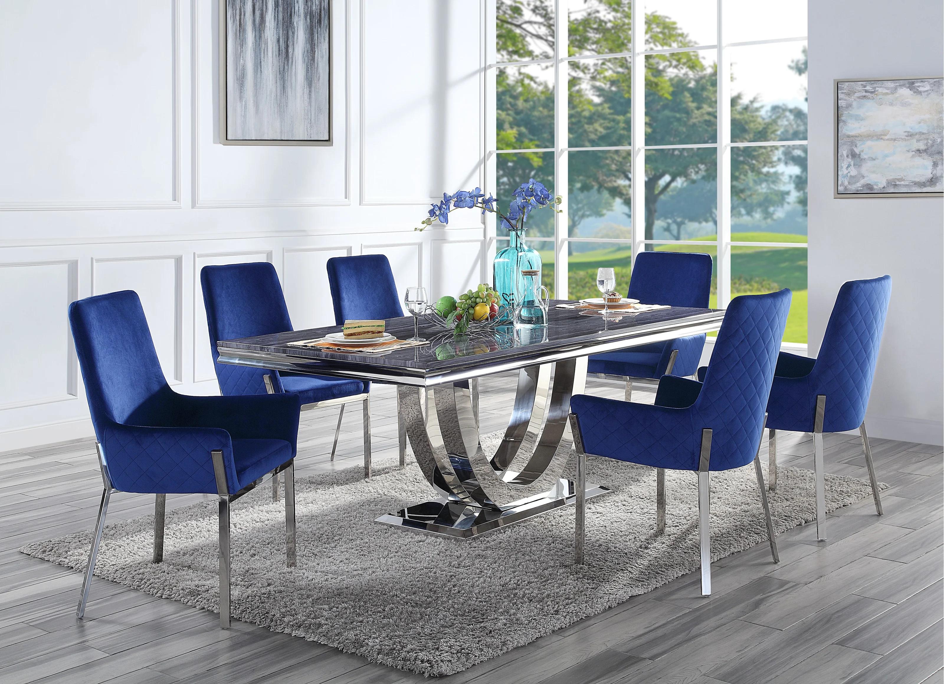 Modern Dining Table Set Cambrie DN00221-7pcs in Silver 