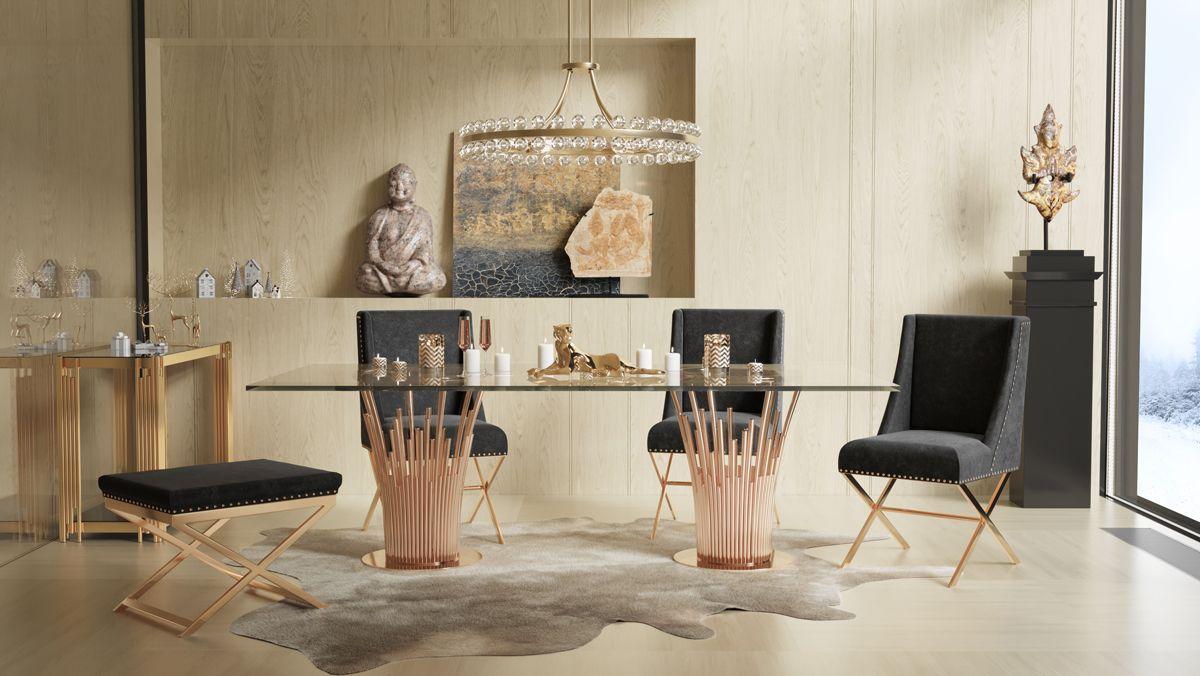 

    
 Order  Modern Glass & Rosegold Dining Table + 4 Chairs by VIG Modrest Paxton

