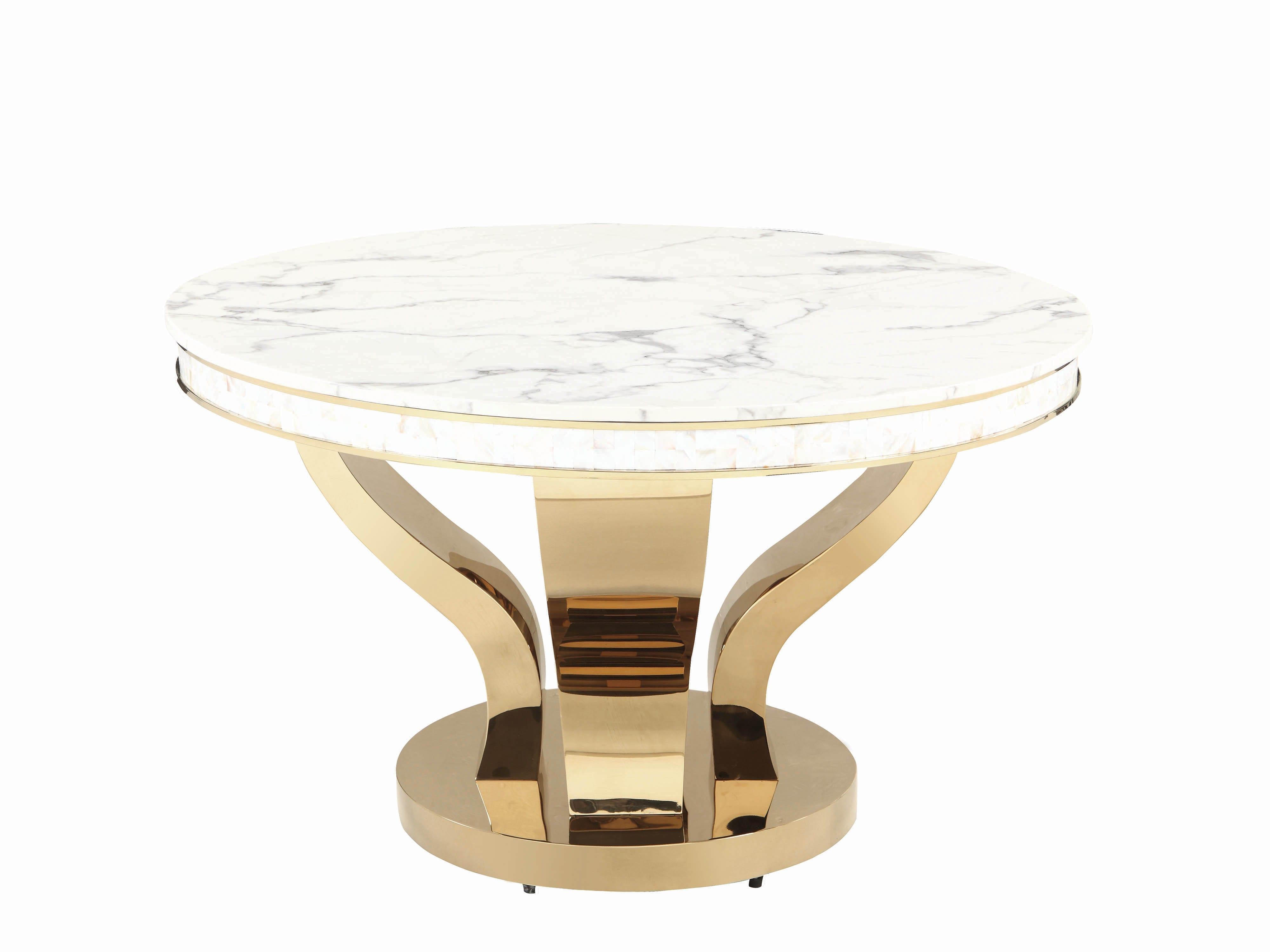 

    
Modern Gold,White,Gray Metal,Stone Dining table Kendall by Coaster
