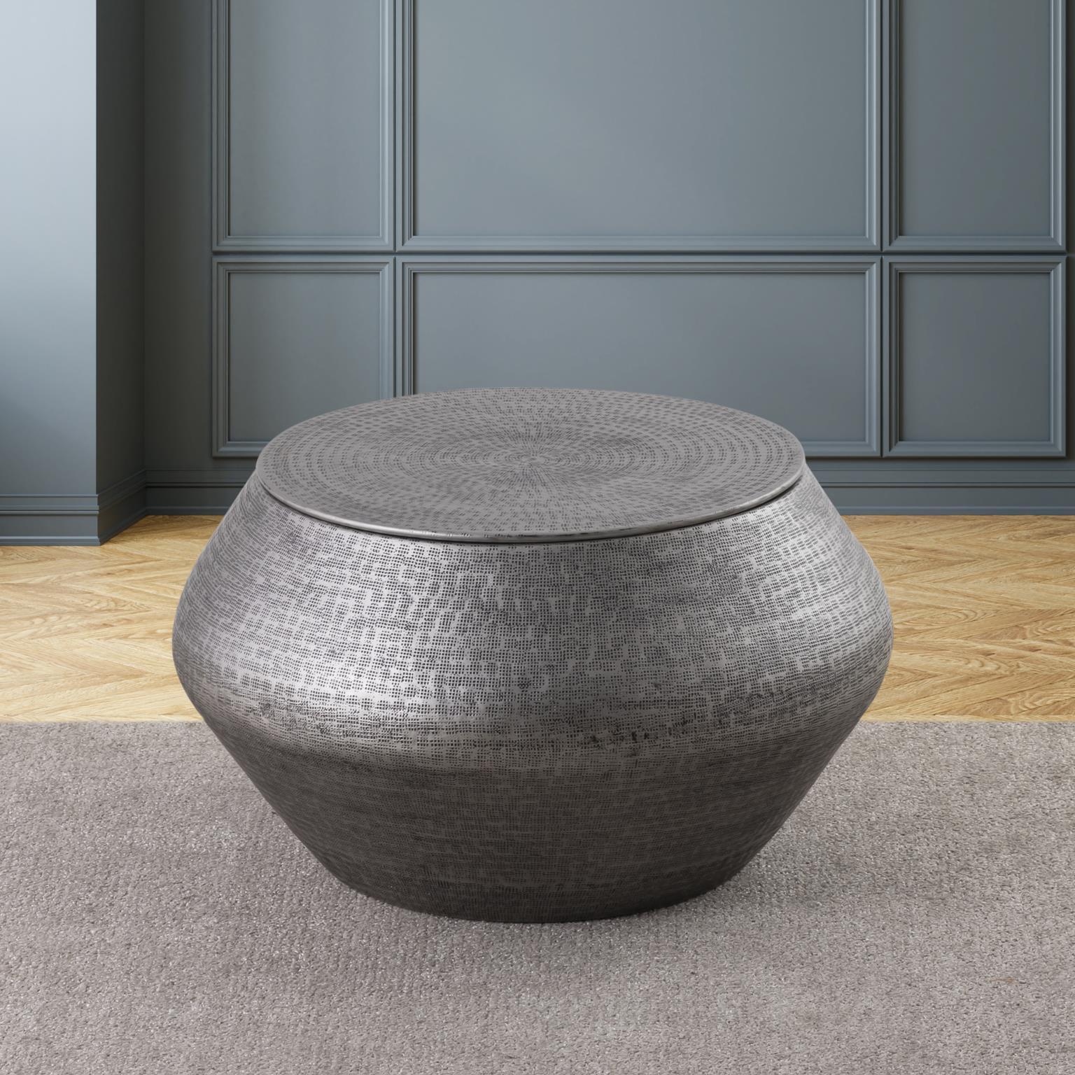 

    
Modern Gray Iron Drum Coffee Table Albany Living T5203-29
