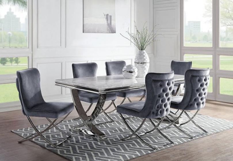 

    
Modern Gray Velvet Faux Marble Dining Table  WADENSWIL CM3285T
