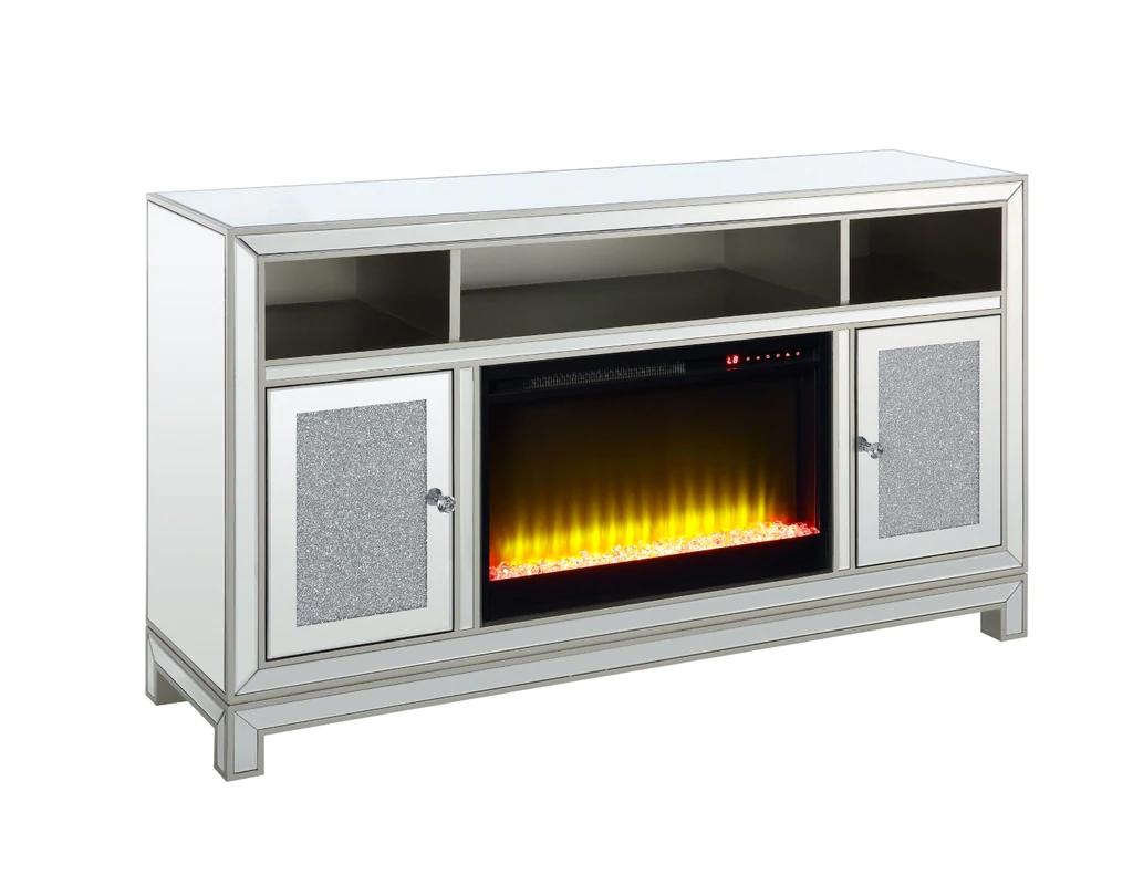 

    
Modern Mirrored & Faux Diamonds TV Stand with Fireplace by Acme Noralie LV00310
