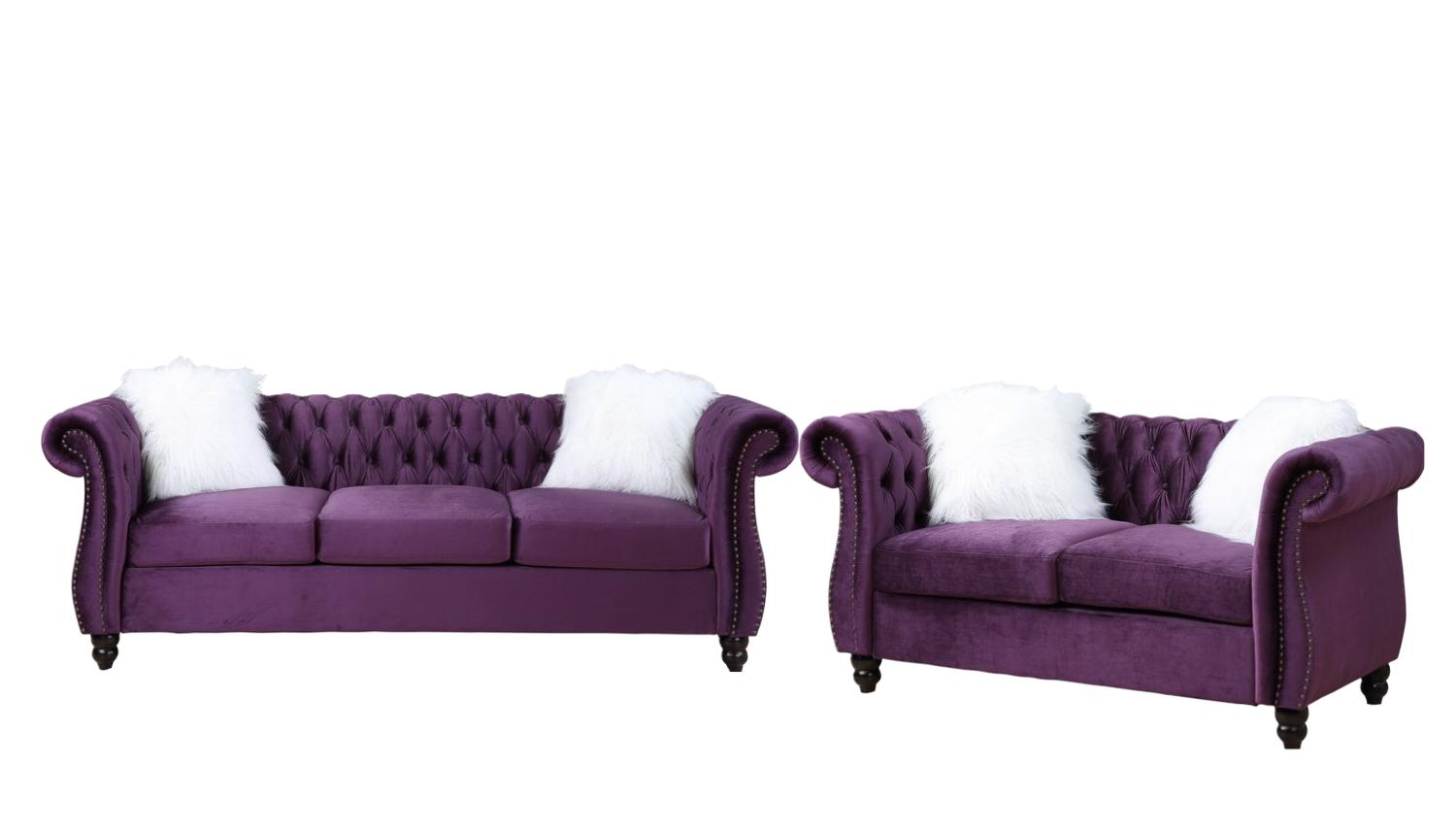 Modern Sofa and Loveseat Set Thotton LV00340-2pcs in Purple Velvet