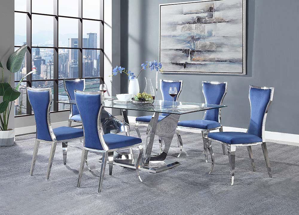 

    
Modern Silver Dining Table and 6 Navy Blue Velvet Side Chairs 7 pcs Set Acme Azriel DN01191 DN01192

