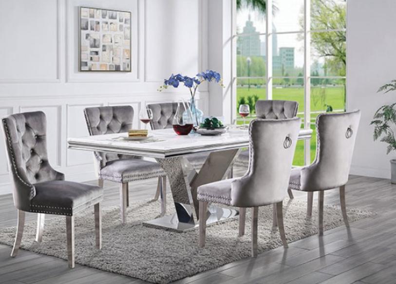 

    
Modern Silver Dining VALDEVERS Table and 6pcs Gray JEWETT Chair Flannelette CM3284T-Set-7
