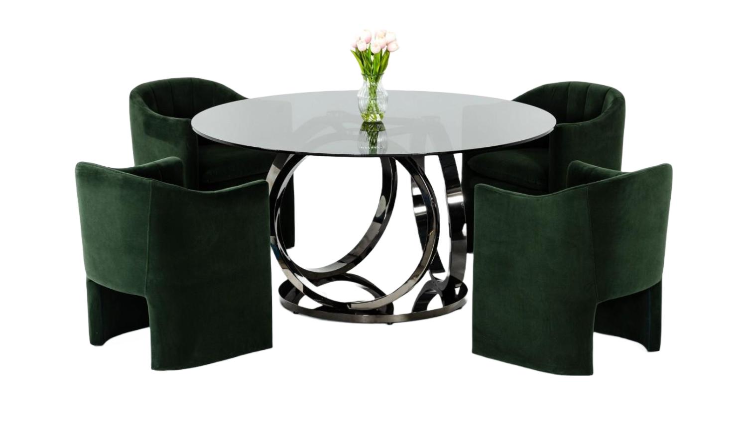 

    
Smoked Glass & Black Stainless Steel Dining Table + 4 Green Chairs by VIG Modrest Enid
