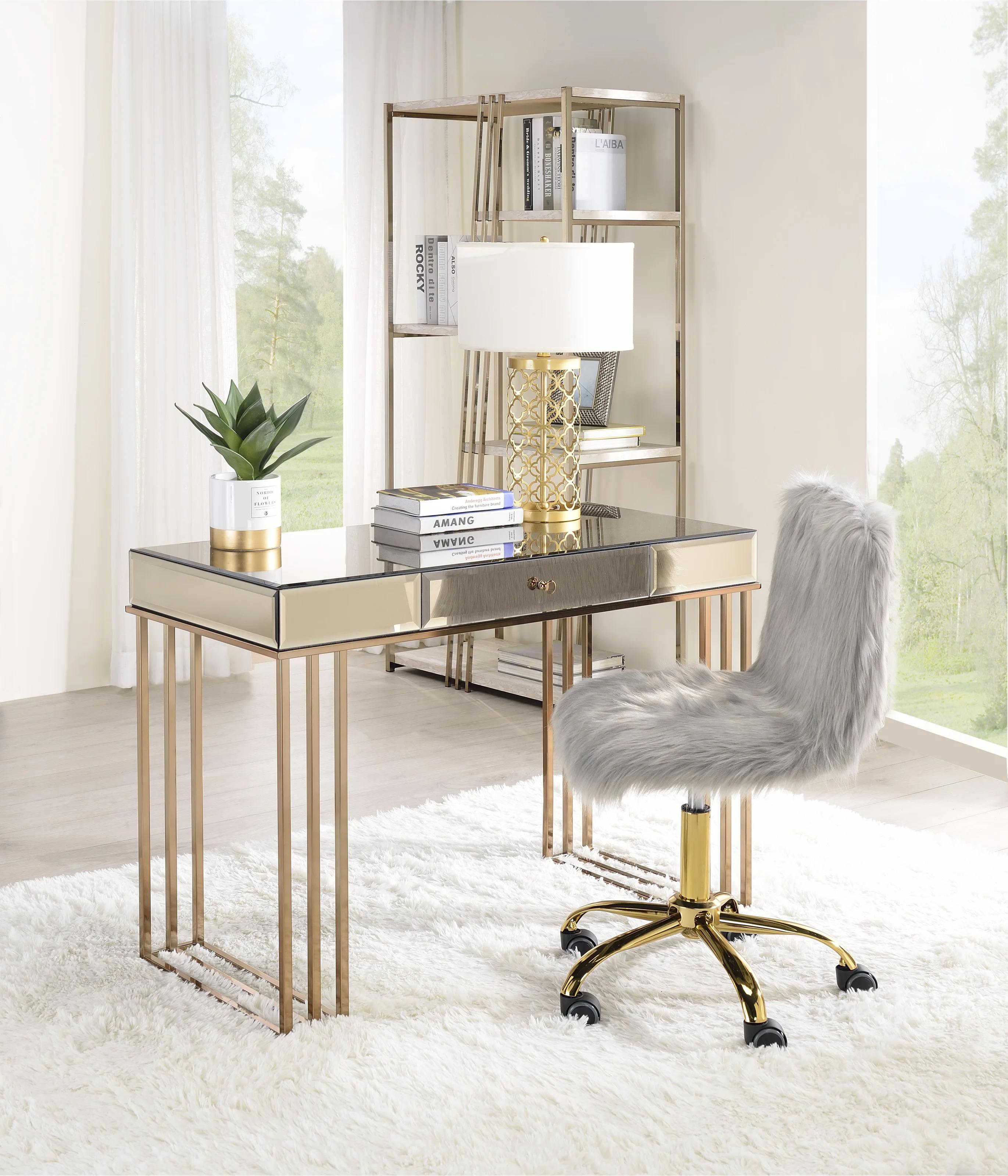 

    
Modern Smoky Mirrored & Champagne Writing Desk + Chair by Acme Critter 92981-2pcs
