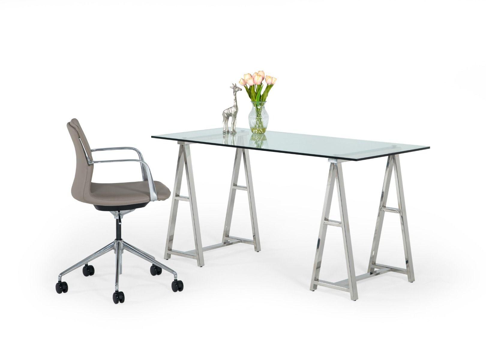 Contemporary, Modern Desk with Chair Ostro Sundar VGGMCP-705D-GL-SS-DESK-2pcs in Chrome, Clear Leatherette