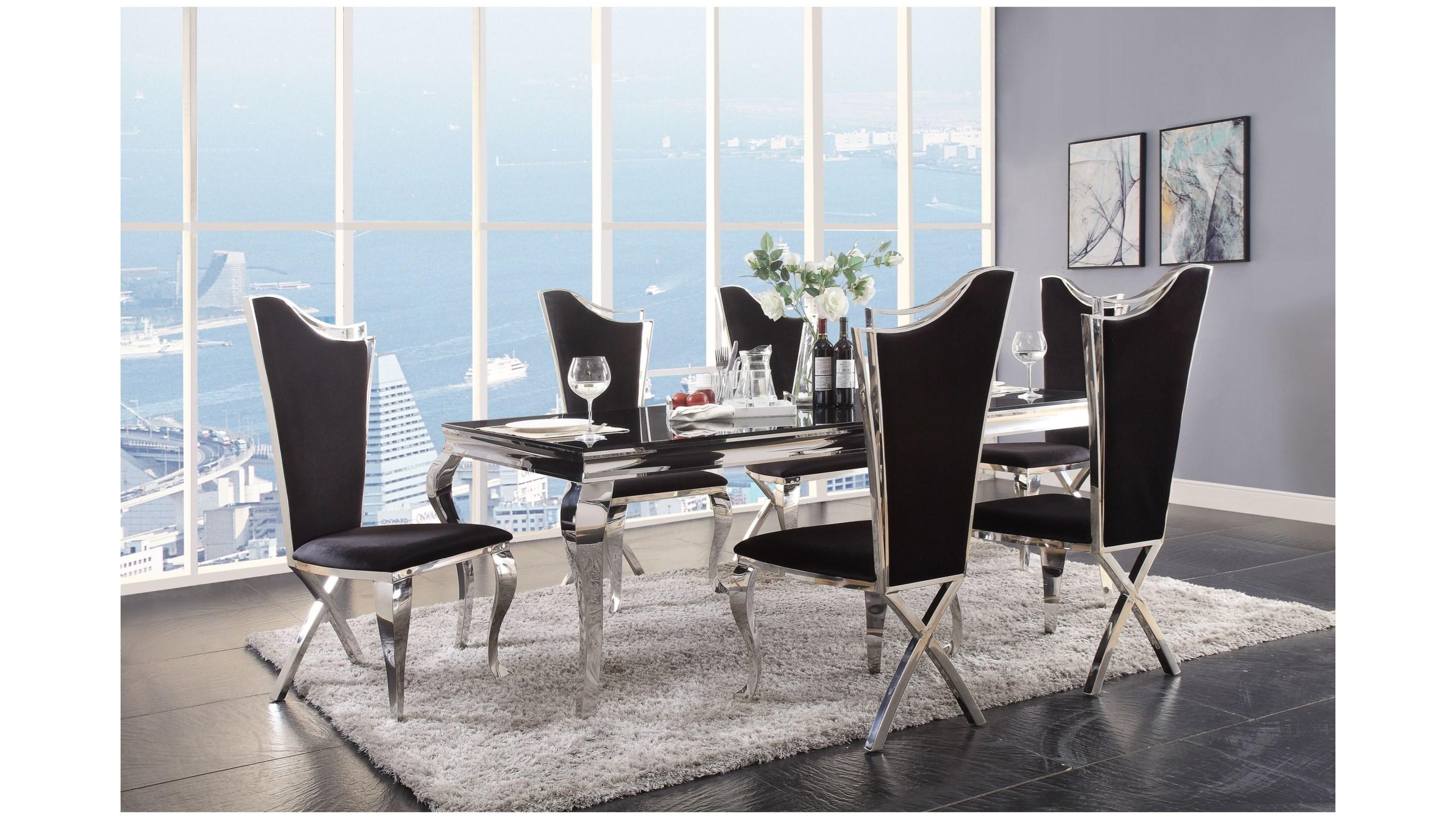 

    
Modern Steel & Black Dining Table + 8x Chairs by Acme Cyrene 62070-9pcs
