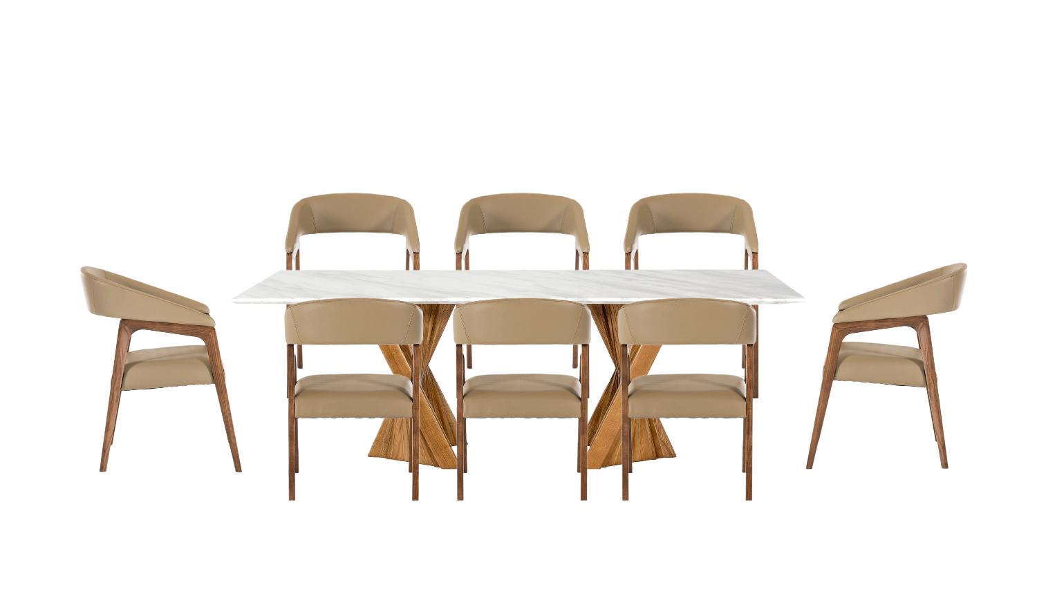 Contemporary, Modern Dining Room Set Cadence Clive VGCSDT-1571-MRB-9pcs in White, Brown Leatherette