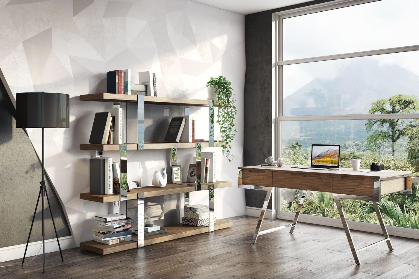 

    
Modern Walnut Veneer Desk w/ 3 Drawers + Bookcase by VIG Modrest Dessart
