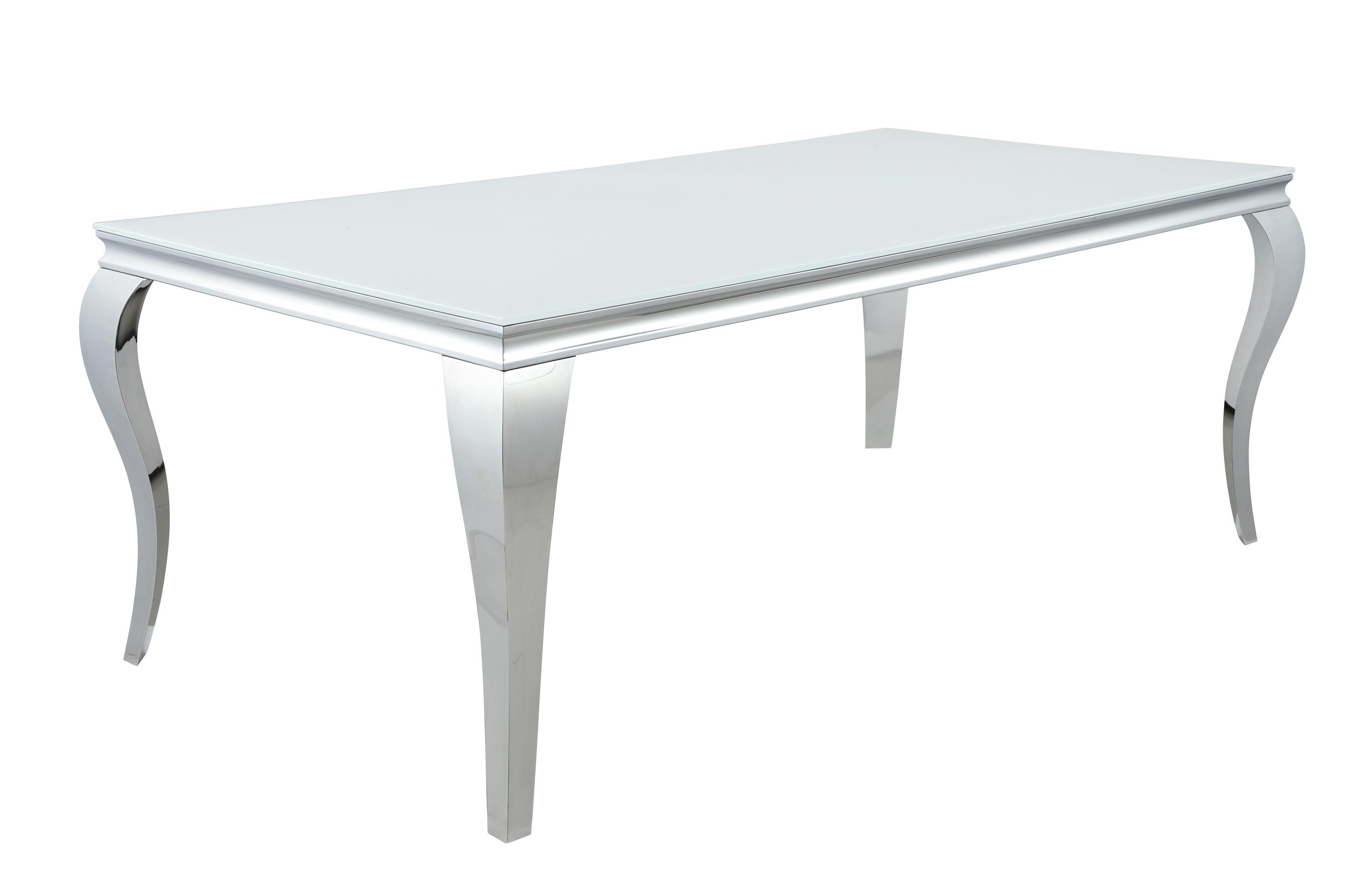 

    
Modern White & Chrome Tempered Glass Top Dining Table Coaster 115081 Carone
