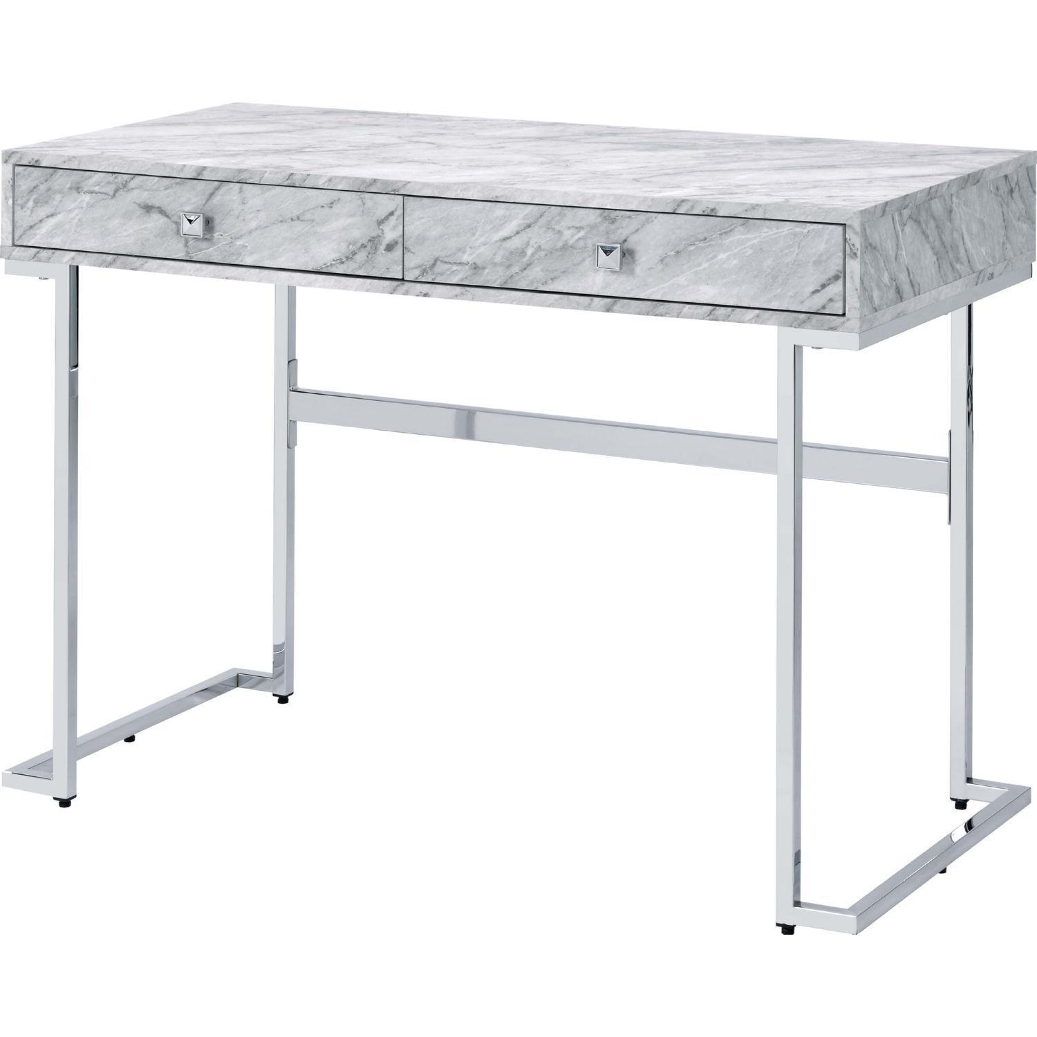 

    
Modern White Faux Marble & Chrome Writing Desk + 2 End Tables by Acme 92615-4pcs Tigress
