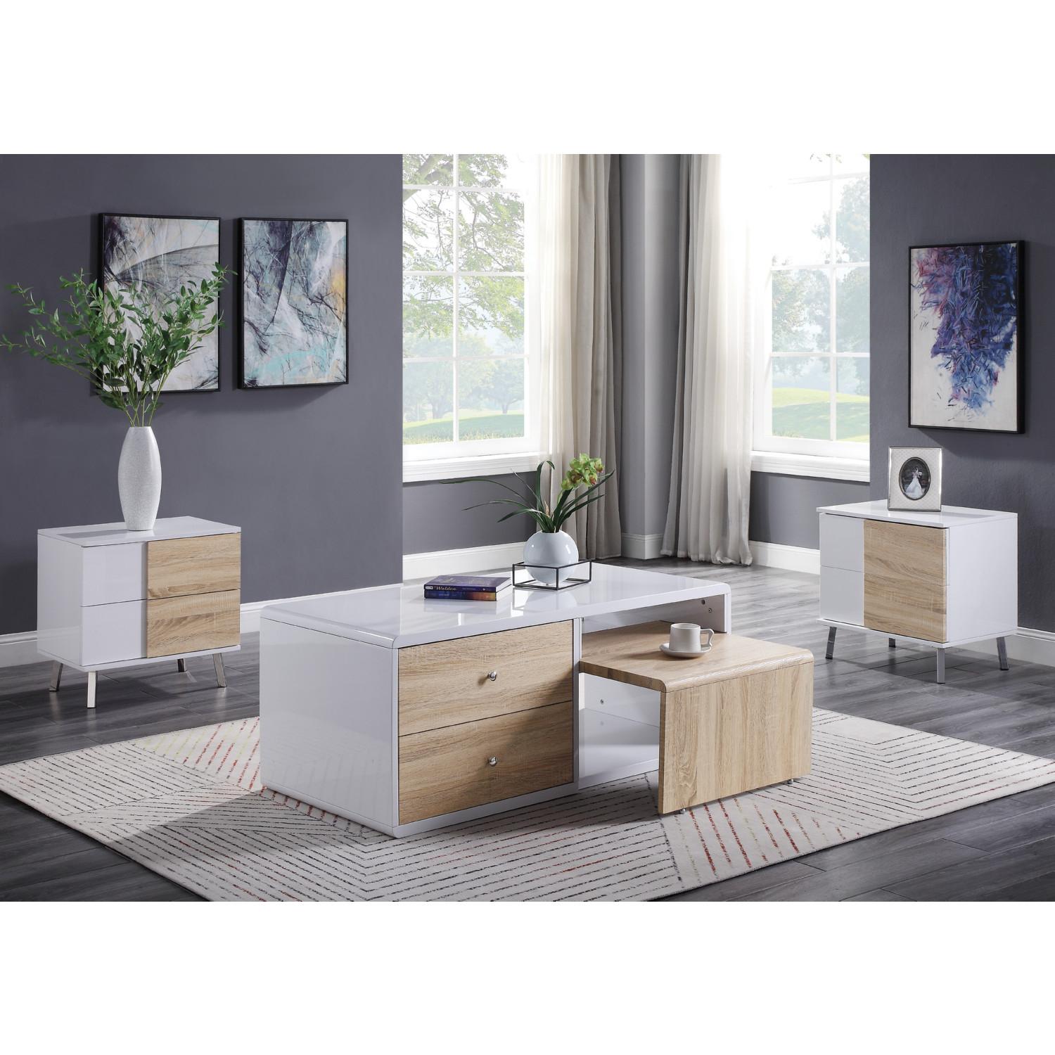 

    
Modern White High Gloss Coffee Table + 2 End Tables by Acme Verux 84930-3pcs
