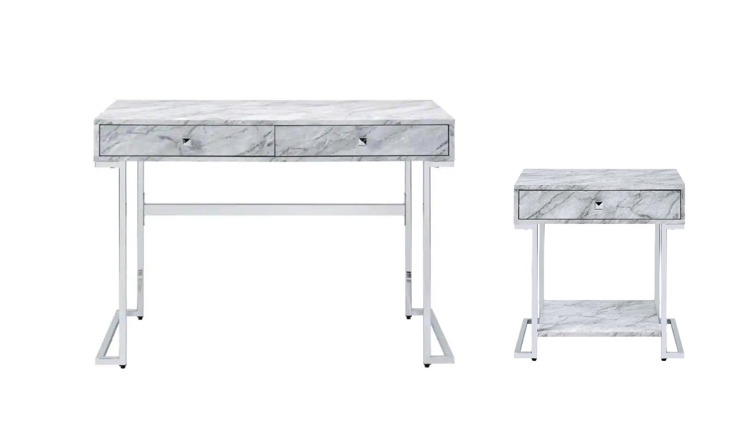 

    
Modern White Printed Faux Marble & Chrome Desk + End Table by Acme 92615-2pcs Tigress
