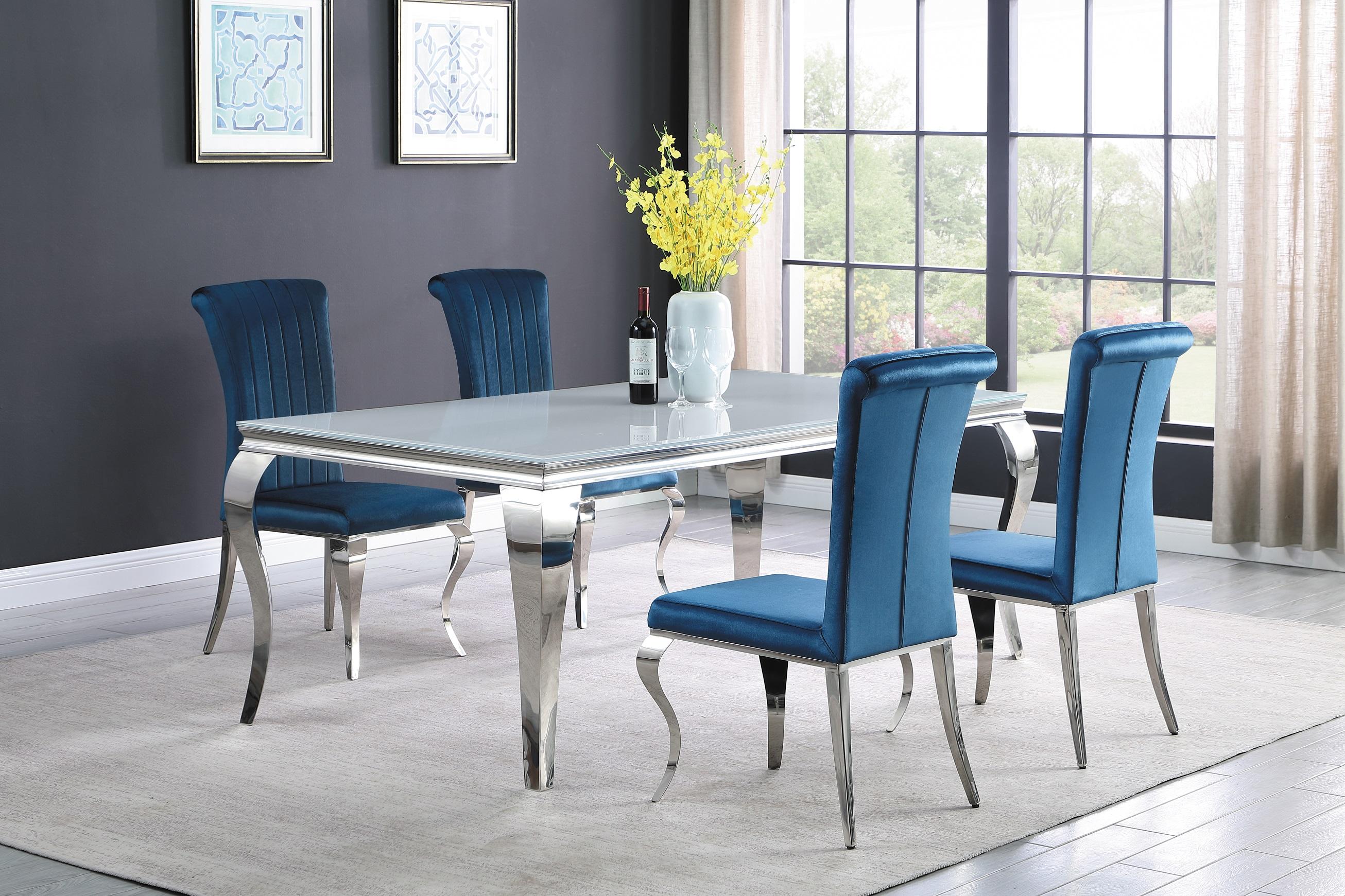 

    
Modern White & Teal Stainless Steel Dining Room Set 5pcs Coaster 115081-S5 Carone
