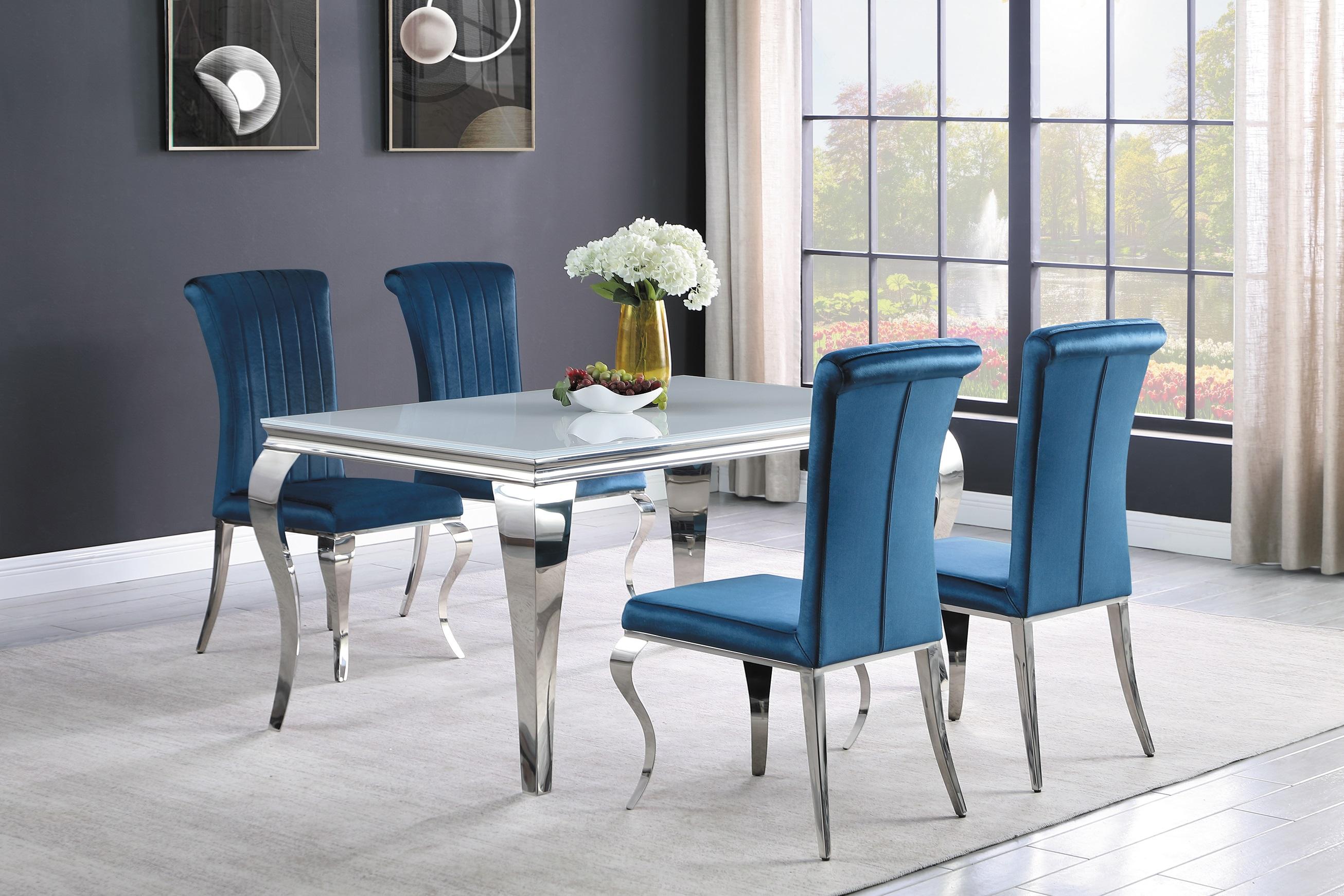

    
Modern White & Teal Stainless Steel Dining Room Set 5pcs Coaster 115091-S5 Carone
