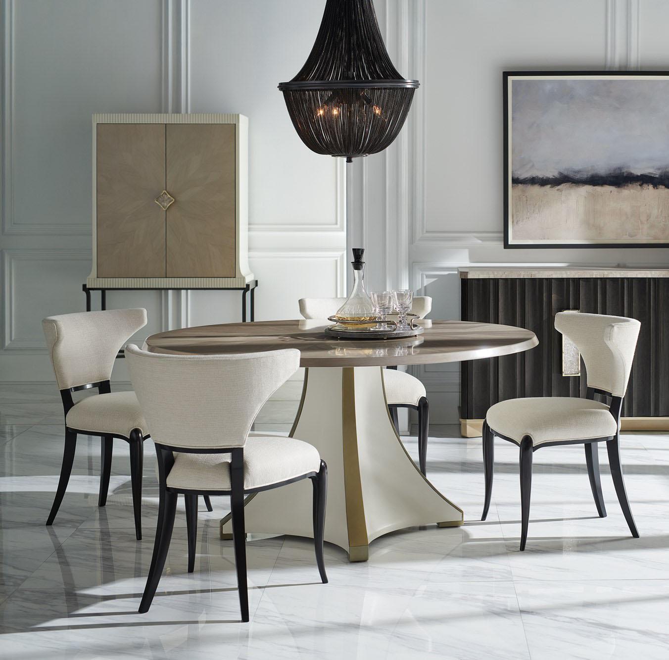 Modern Dining Table Set GREAT EXPECTATIONS / BE MY GUEST CLA-021-203-Set-6 in Pearl, Gray, Beige Fabric