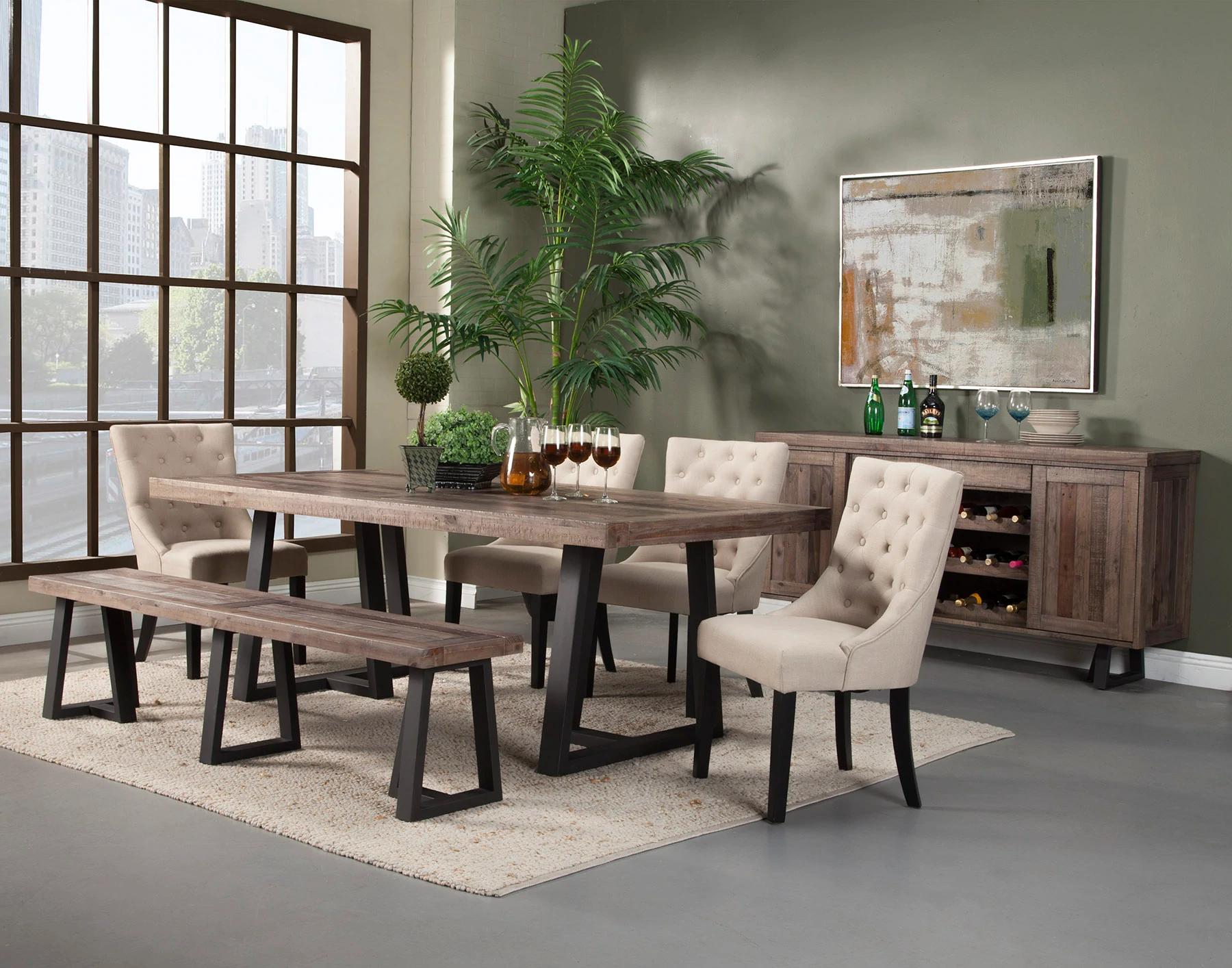 Traditional Dining Table Set PRAIRIE 1568-01-Set-8 in Natural, Black Fabric