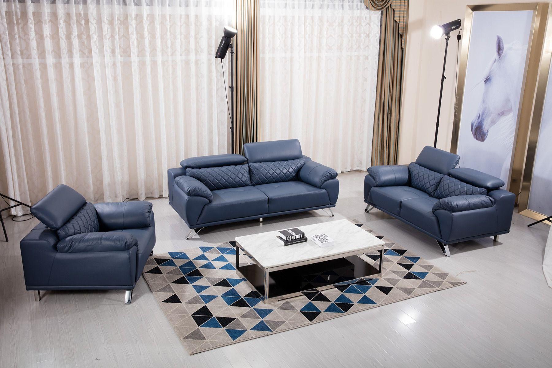 Contemporary, Modern Sofa Set EK529-NB-SF EK529-NB-SF-Set-3 in Navy blue Italian Leather