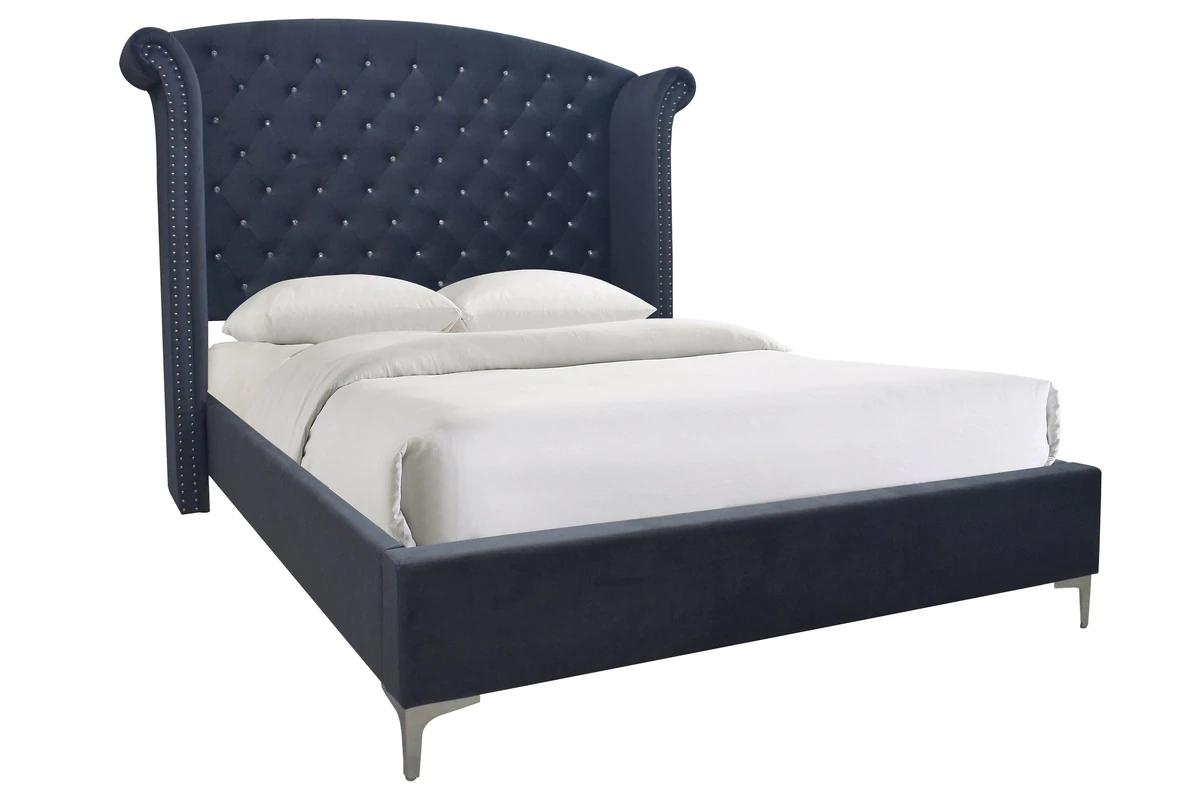 Modern Wingback Bed Lucinda B9260-K-Bed in Navy blue Velvet