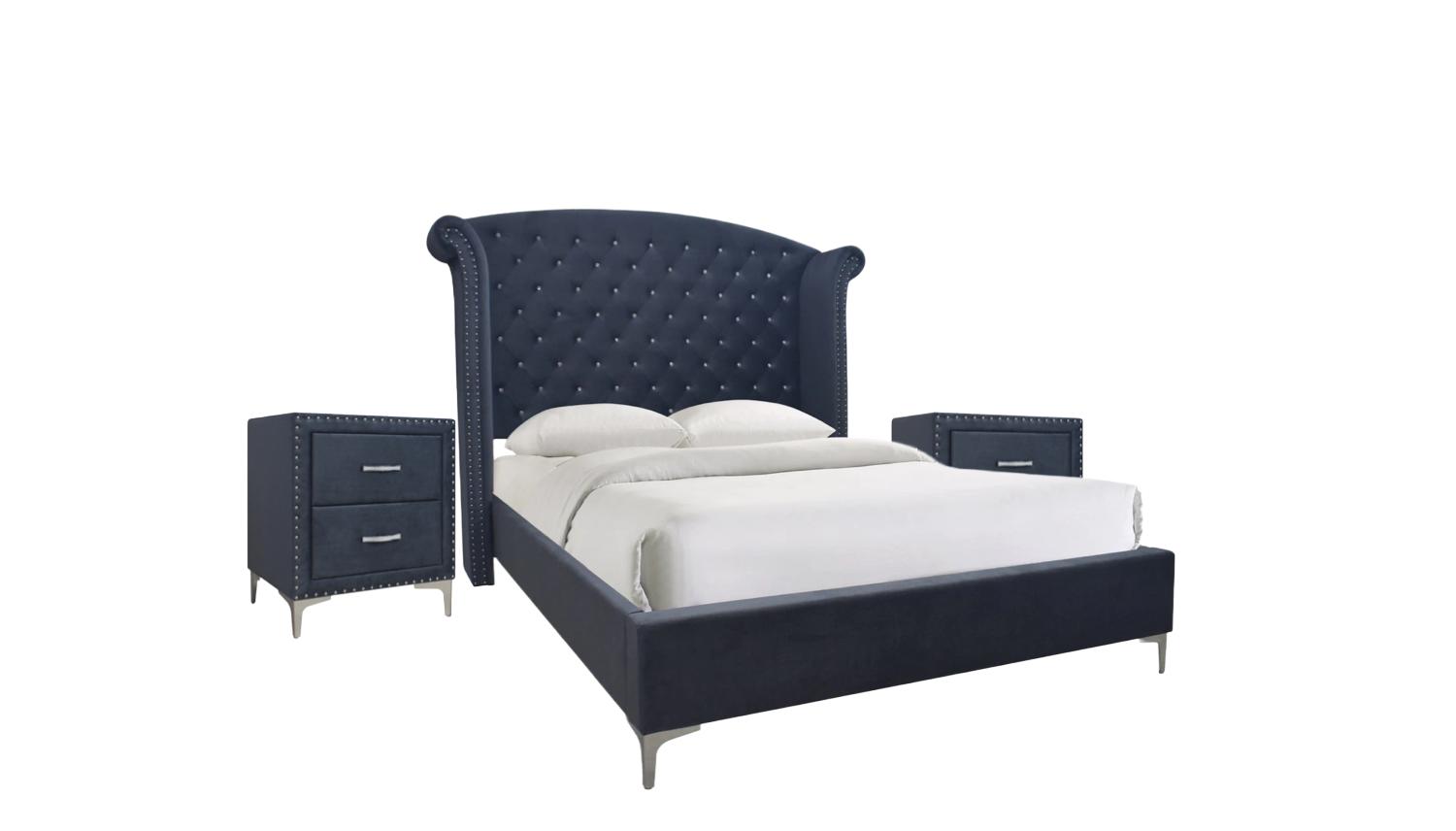 Modern Bedroom Set Lucinda B9260-Q-Bed-3pcs in Navy blue Velvet