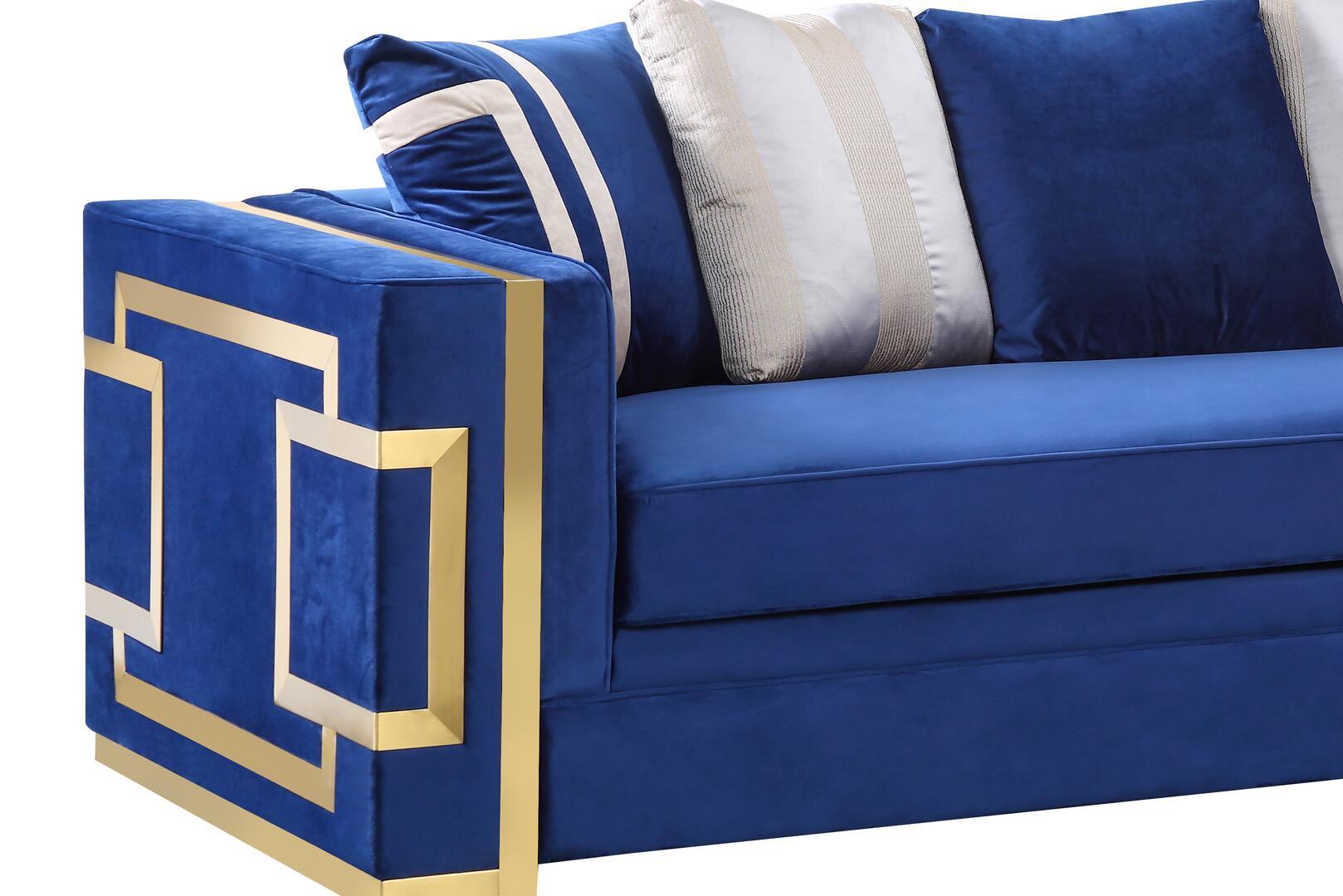 

    
Navy Fabric Loveseat w/ Gold Steel Legs Transitional Cosmos Furniture Lawrence

