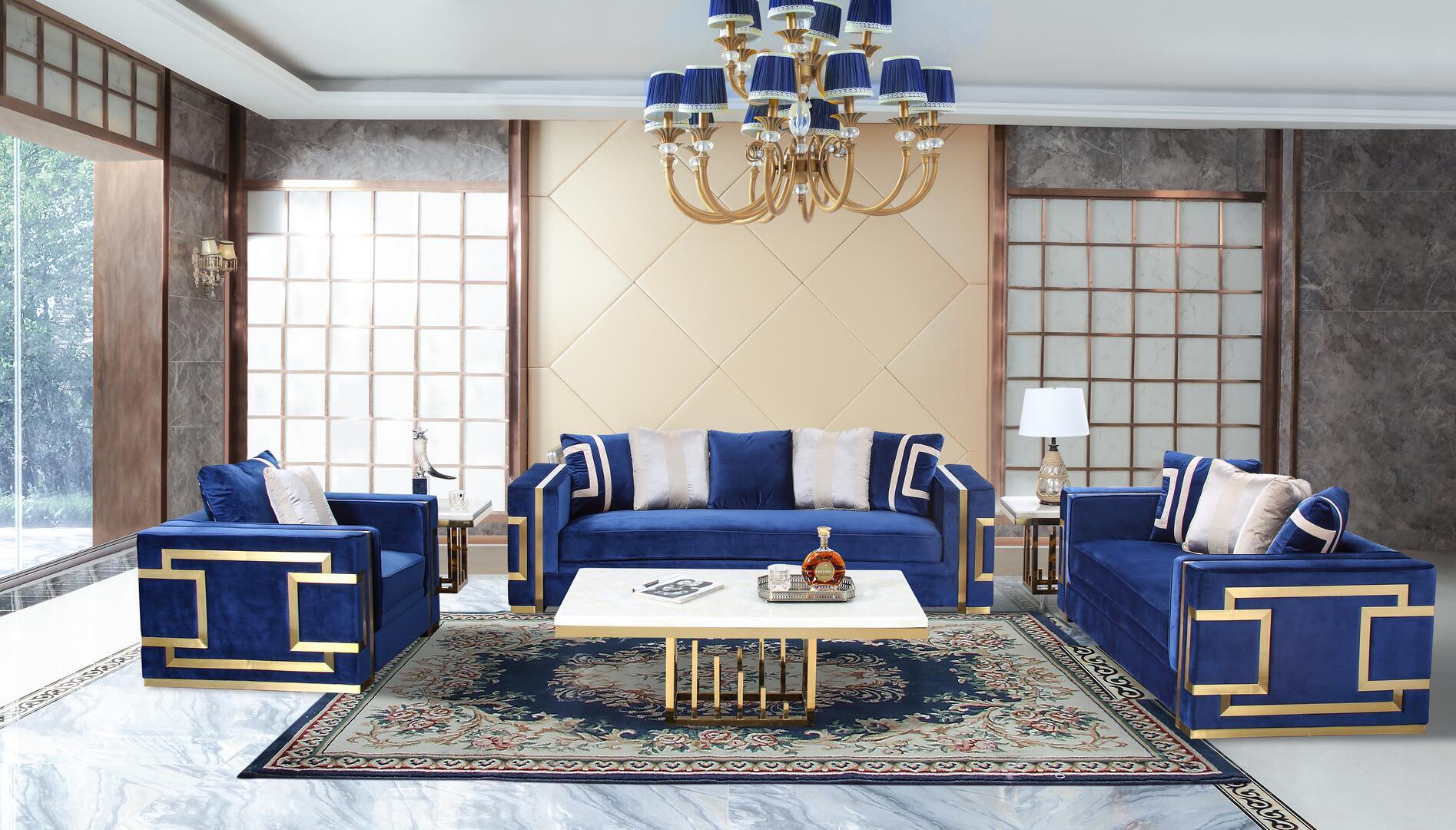 

    
 Order  Navy Fabric Sofa & Loveseat Set 2Pcs w/ Gold Steel Legs Transitional Cosmos Furniture Lawrence
