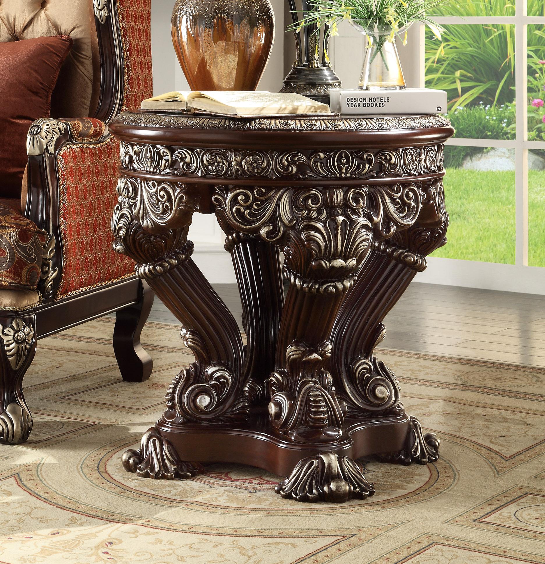 

    
Dark Brown & Silver End Tables 2Pcs Carved Wood Traditional Homey Design HD-8017
