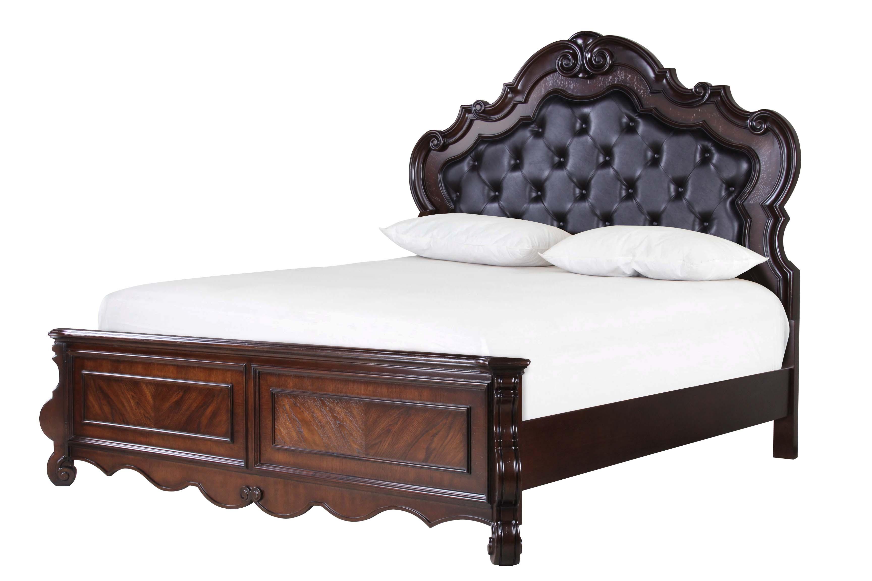 Traditional Panel Bed B527 B527-EK in Cherry Faux Leather