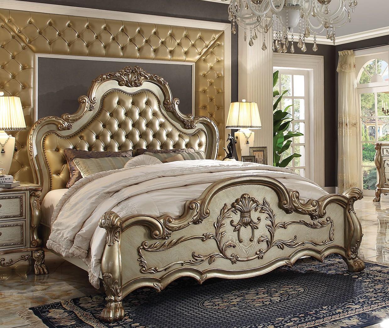Classic, Traditional Panel Bed Perales Perales-Q-bed in Bone, Gold Polyurethane