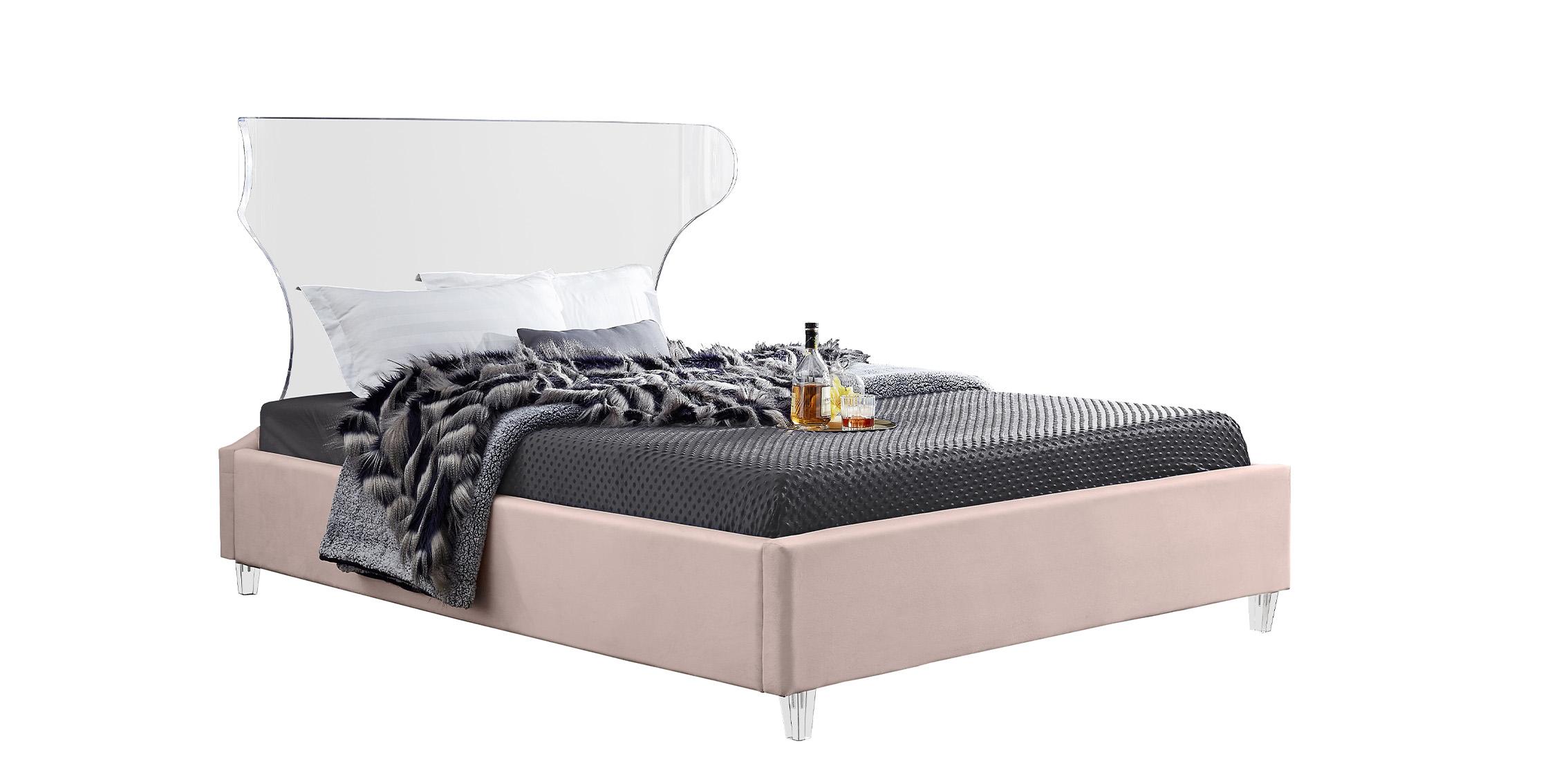 

    
Pink Fabric & Acrylic Headboard Queen Bed GHOST Pink-Q Meridian Contemporary
