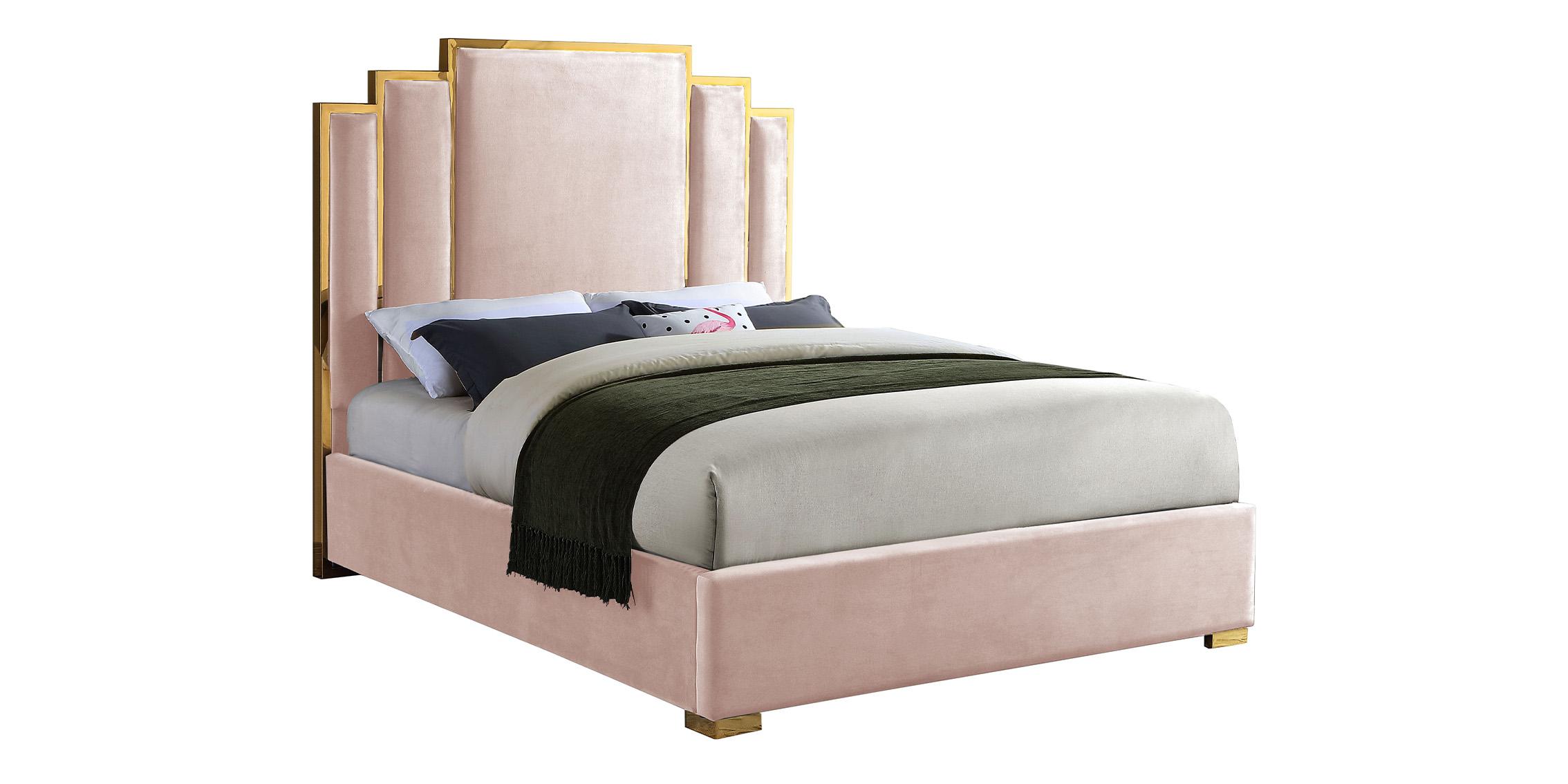 

    
Pink Velvet & Polished Gold Metal Queen Bed HUGO Meridian Contemporary Modern
