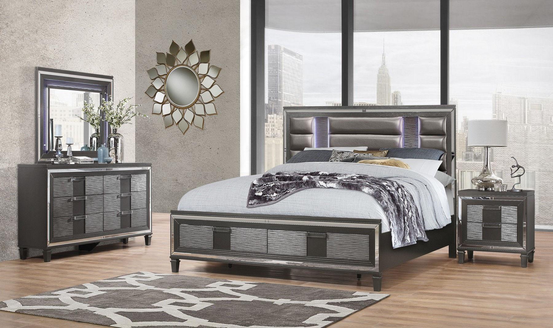 

    
 Shop  PISA Modern Metallic Gray Finish King Bed Set 5Pcs w/ LED & Mirror Accents Global US
