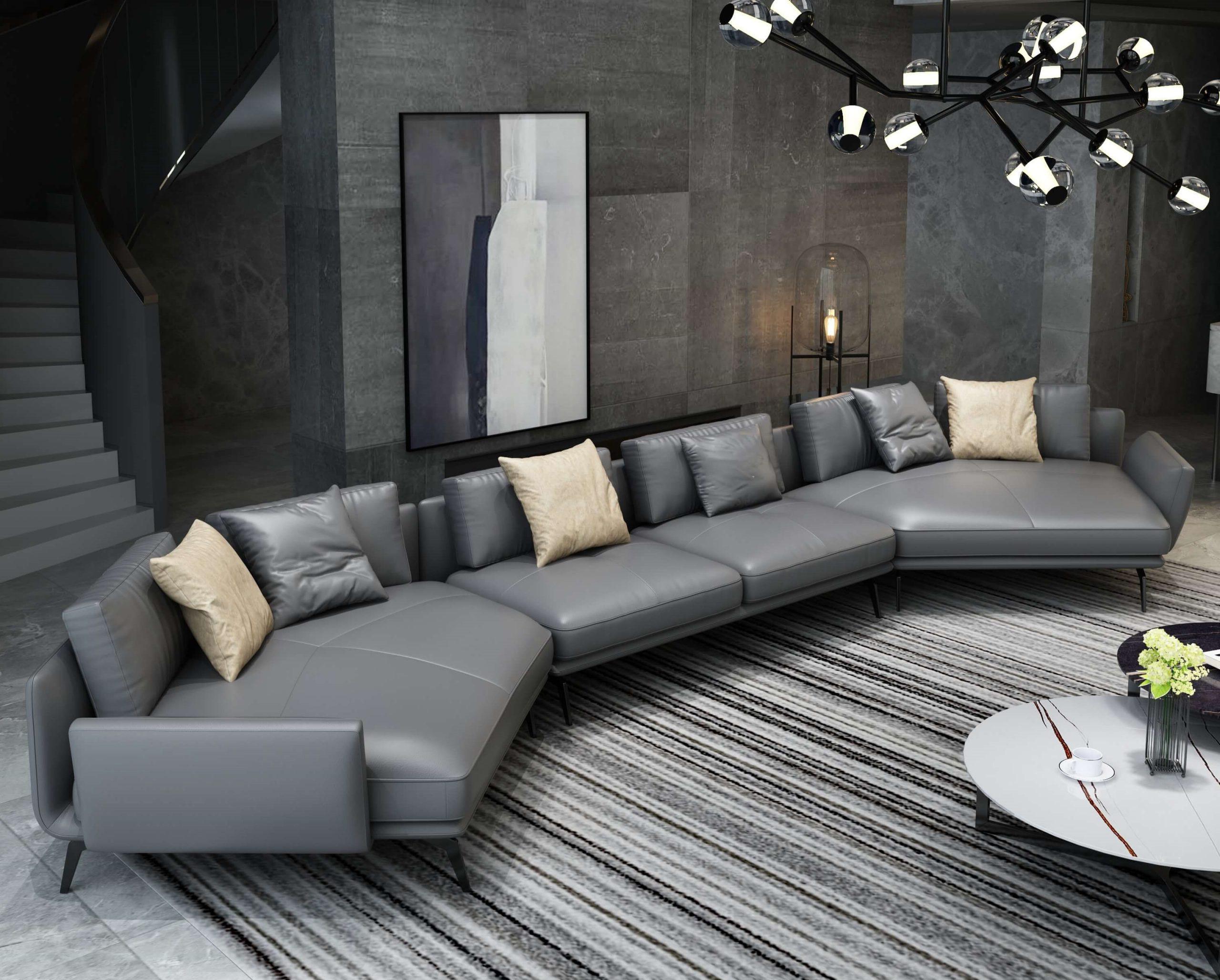 Modern, Vintage Sectional Sofa VENERE MANSION EF-65553-6S in Smoked, Gray Italian Leather