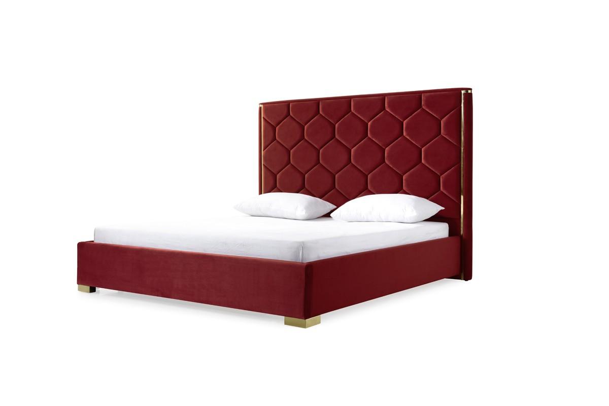 Contemporary, Modern Platform Bed HK - JANET BED EK *WINE RED VELVET/CHAMPAGNE GLD VGVCBD1820-RED-EK in Red Fabric