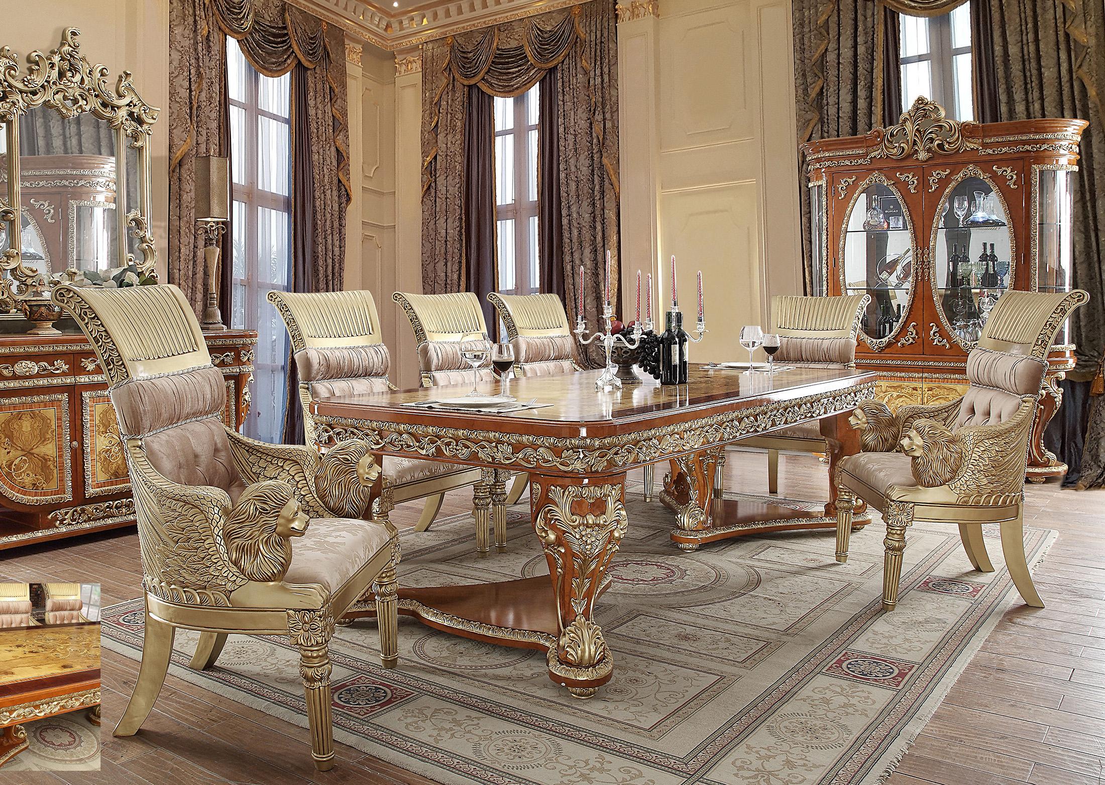 Traditional Dining Table Set HD-8024 HD-8024-DTSET-8PC in Light Cherry, Gold, Champagne, Amber Fabric