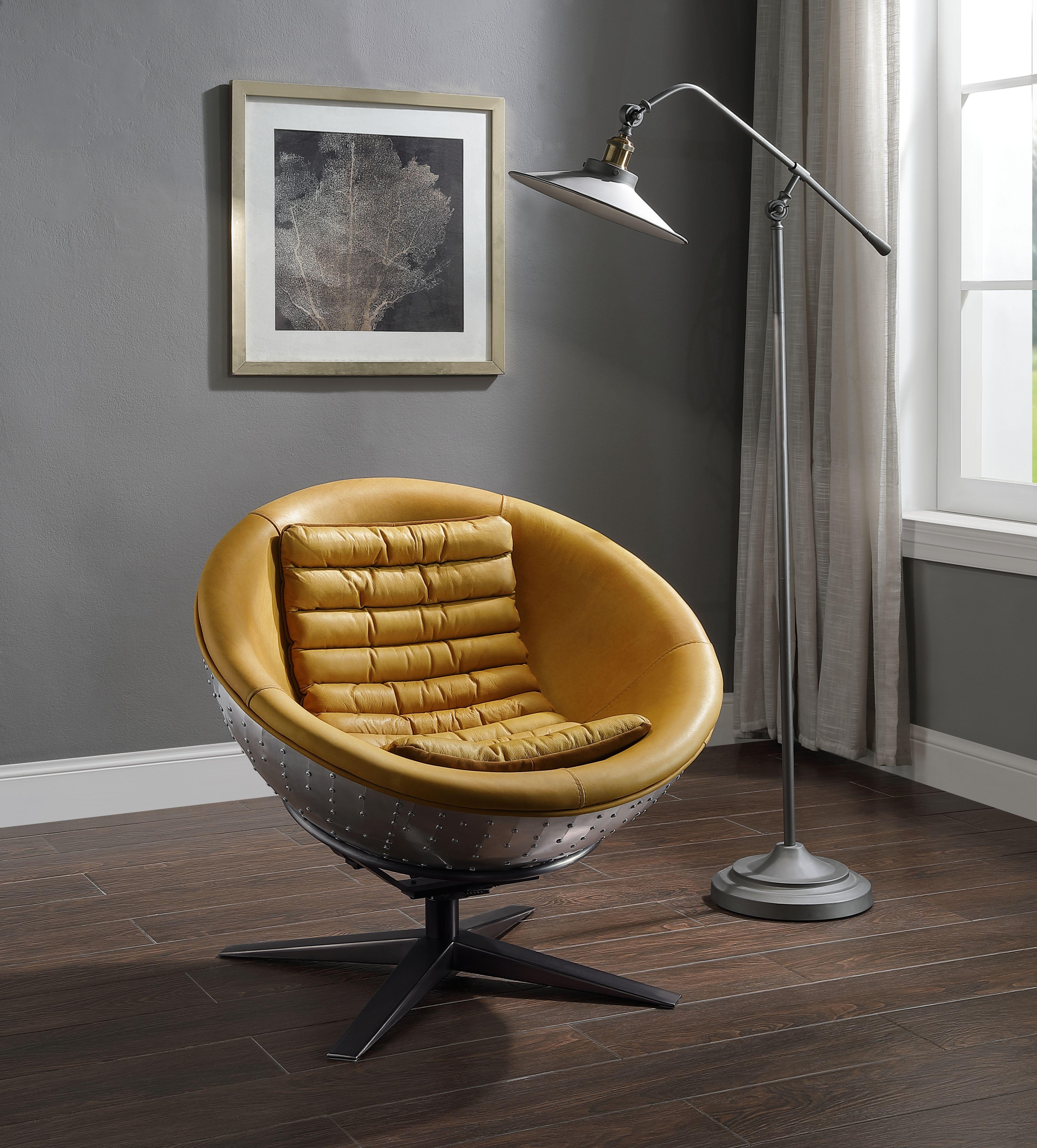 

    
Retro-Futurist Design Turmeric Top Grain Leather & Aluminum Accent Chair by Acme Brancaster
