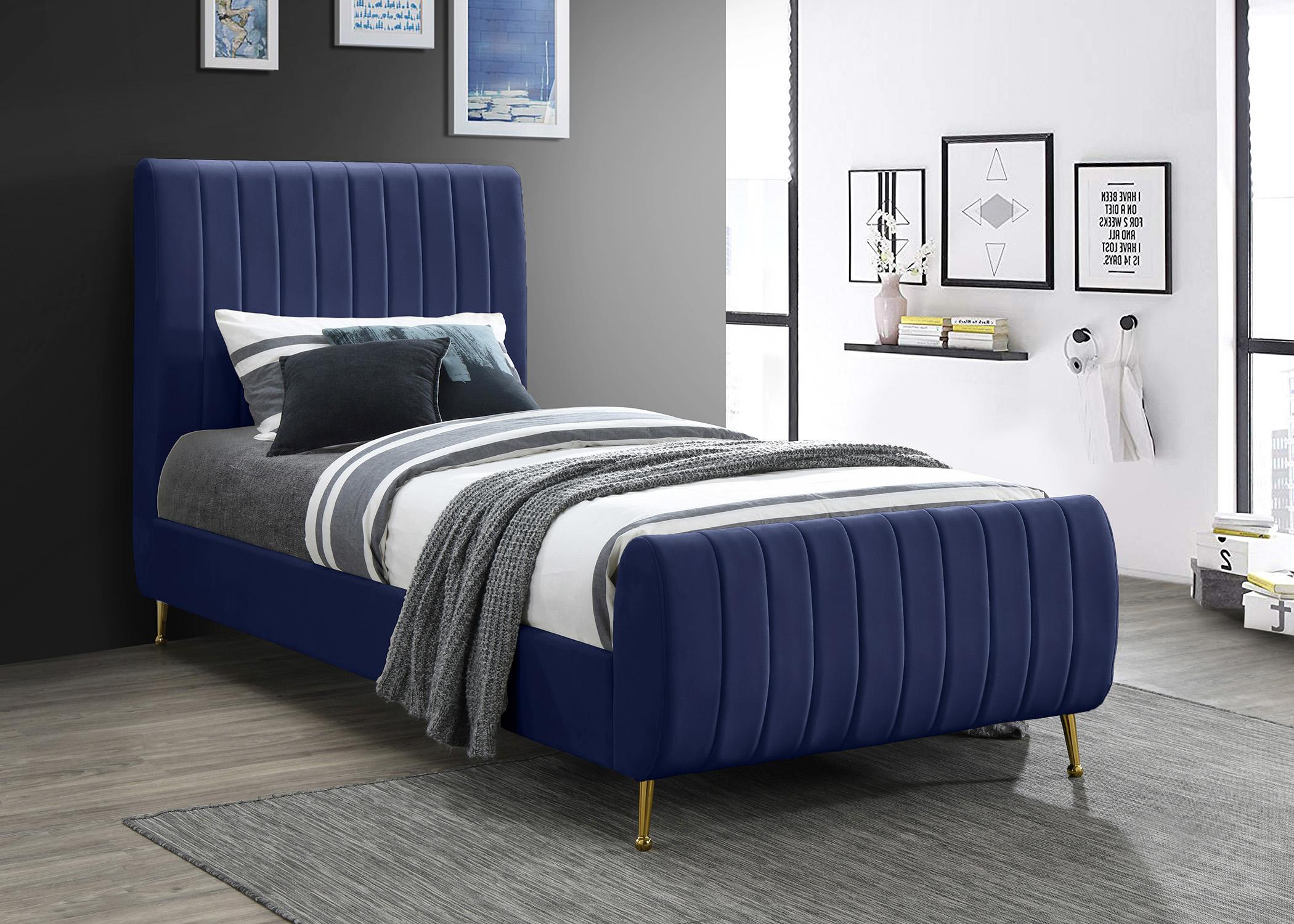 

    
Rich Navy Velvet Channel Tufted Twin Bed ZARA Meridian Contemporary Modern
