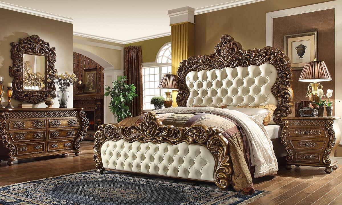 Traditional Panel Bedroom Set HD-8011 HD-8011-BSET5-EK in Golden Brown Leather