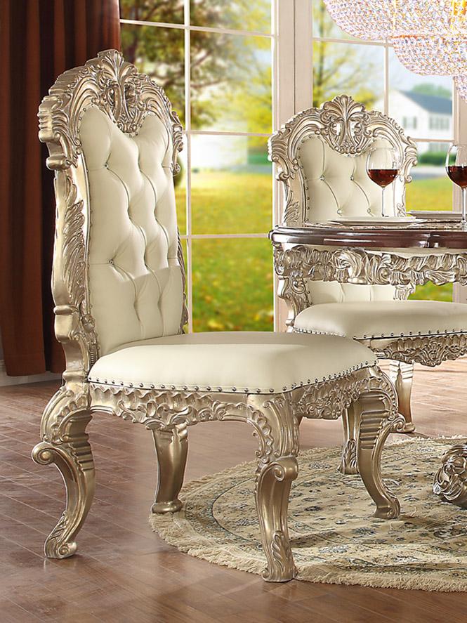 Traditional Dining Side Chair HD-8017 HD-SC8017-2PC in Antique White, Cherry, Silver Leather