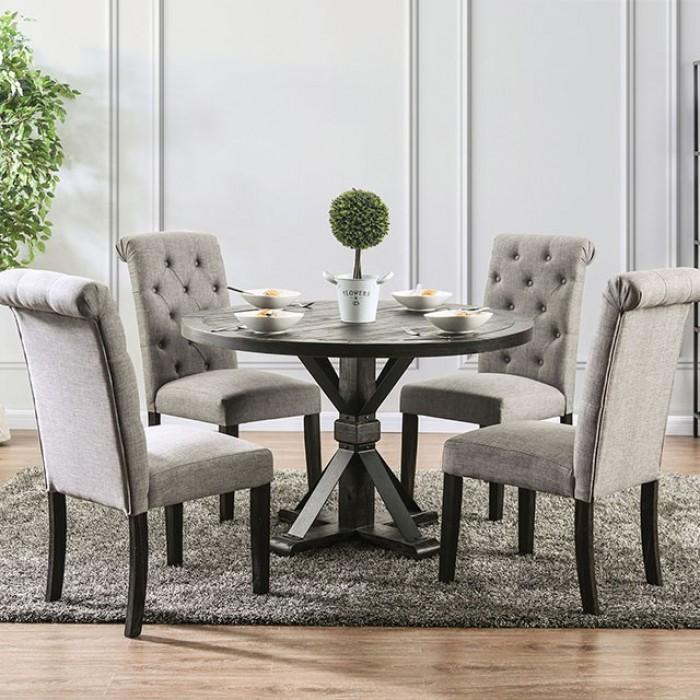 

    
Rustic Antique Black & Light Gray Round Dining Table Set 5pcs Furniture of America Alfred
