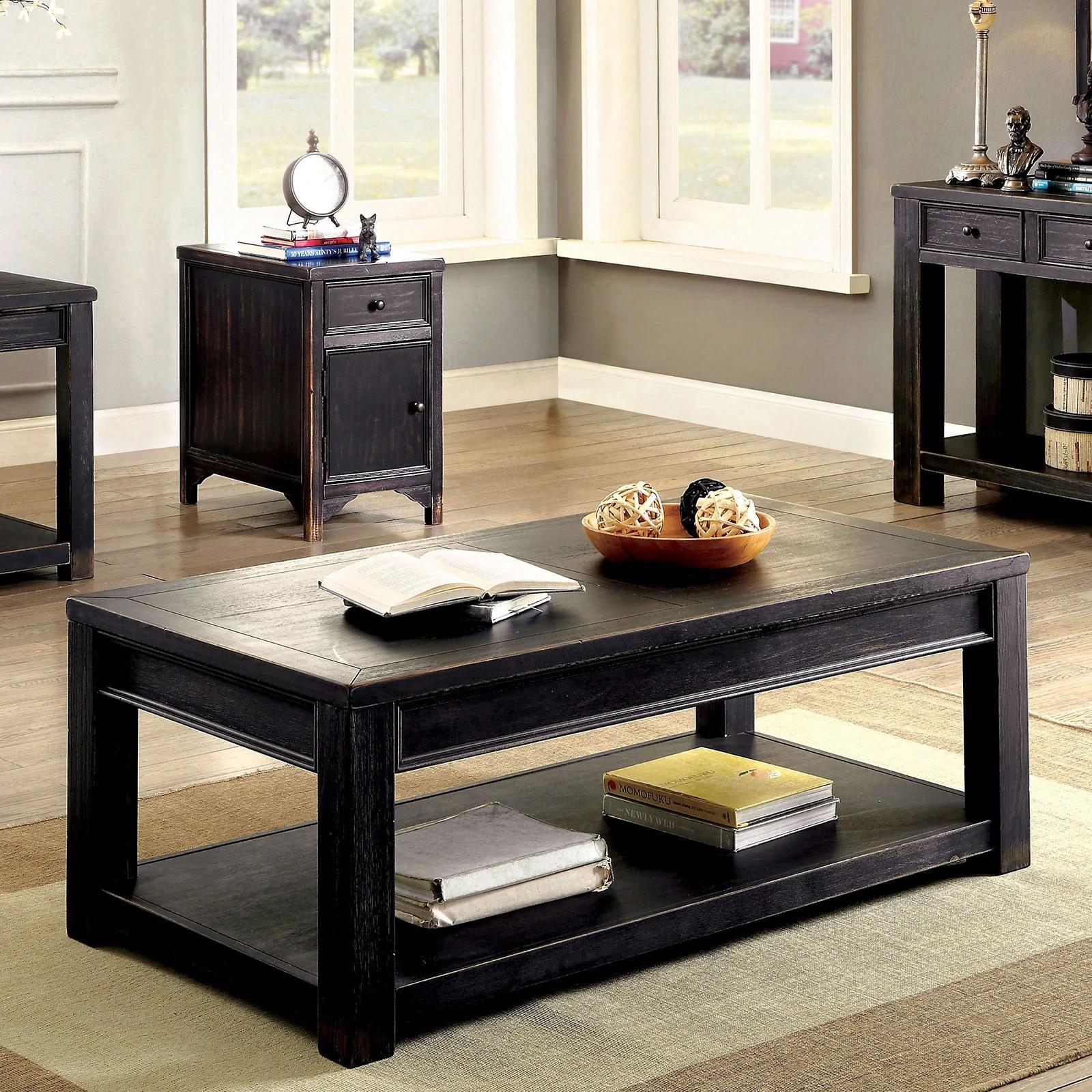 

    
Rustic Antique Black Solid Wood Coffee Table Set 3pcs Furniture of America Meadow
