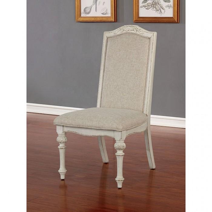 

        
Furniture of America CM3150WH-T-Set-7 Arcadia Dining Table Set Antique White Fabric 00841403135032
